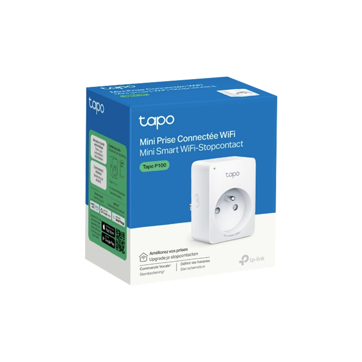 Blaue Produktverpackung der Tapo P100 Mini Smart WiFi-Steckdose mit weißem Gerät.