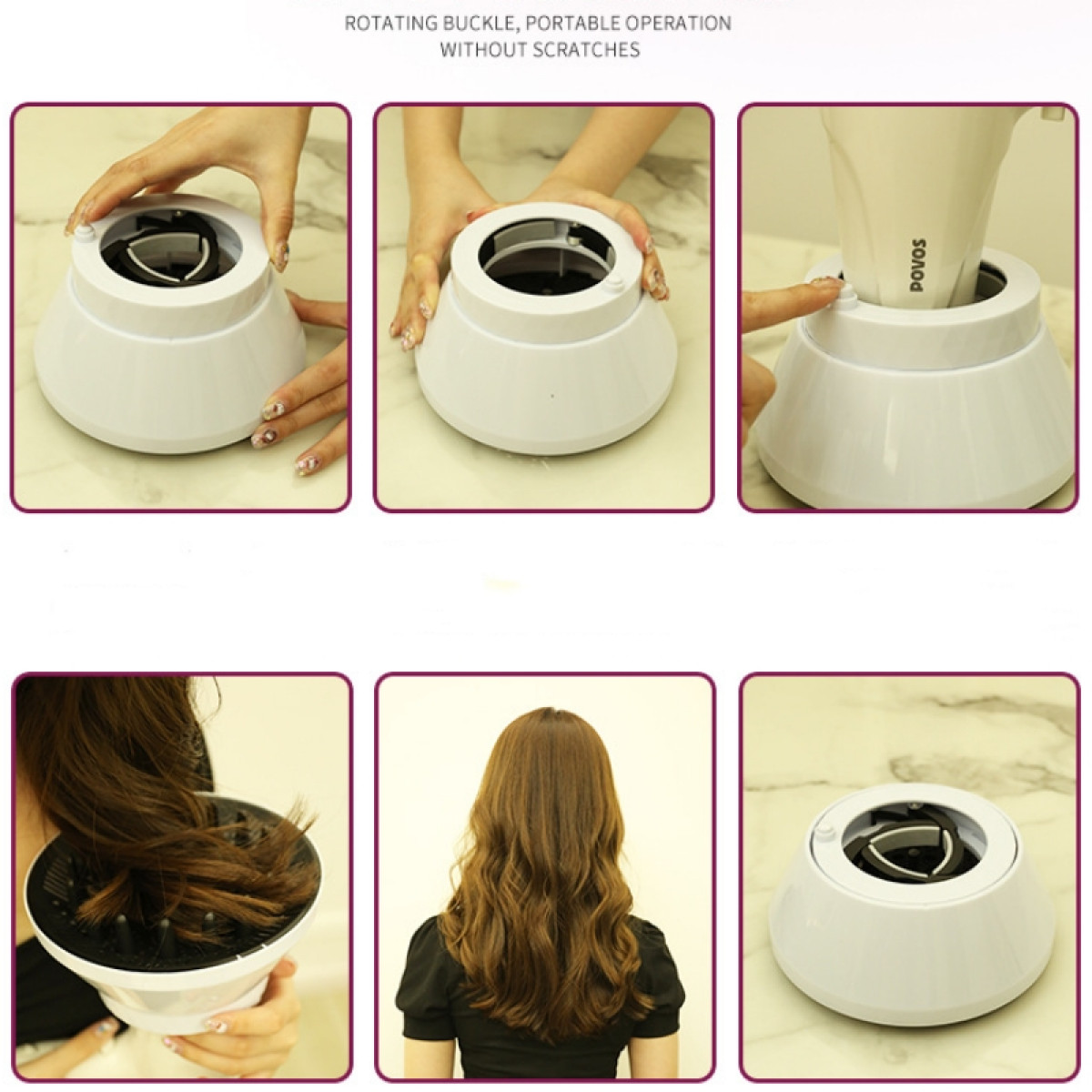 Sei immagini mostrano l'uso di un diffusore per capelli bianco e una base per modellare i capelli ondulati.