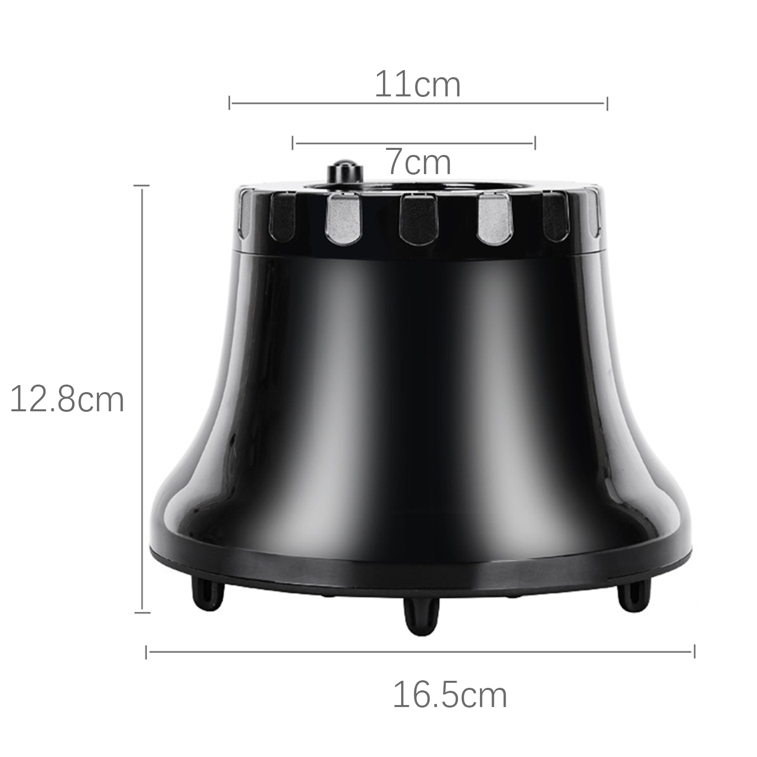 Base nera a forma di campana con dimensioni: 16,5 cm di larghezza, 12,8 cm di altezza, parte superiore 7 cm e 11 cm.