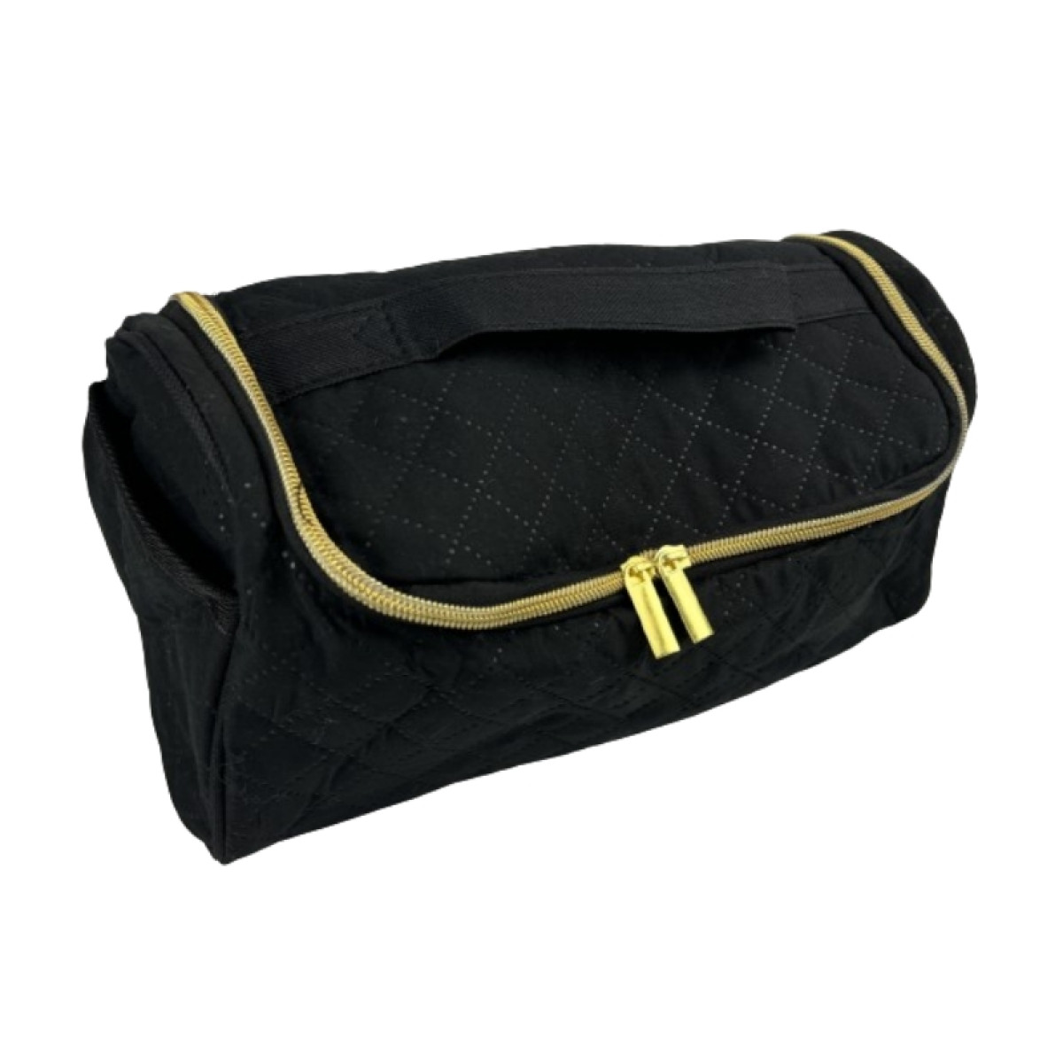 Una borsa cosmetica trapuntata nera con manico e cerniere dorate, isolata su sfondo bianco.