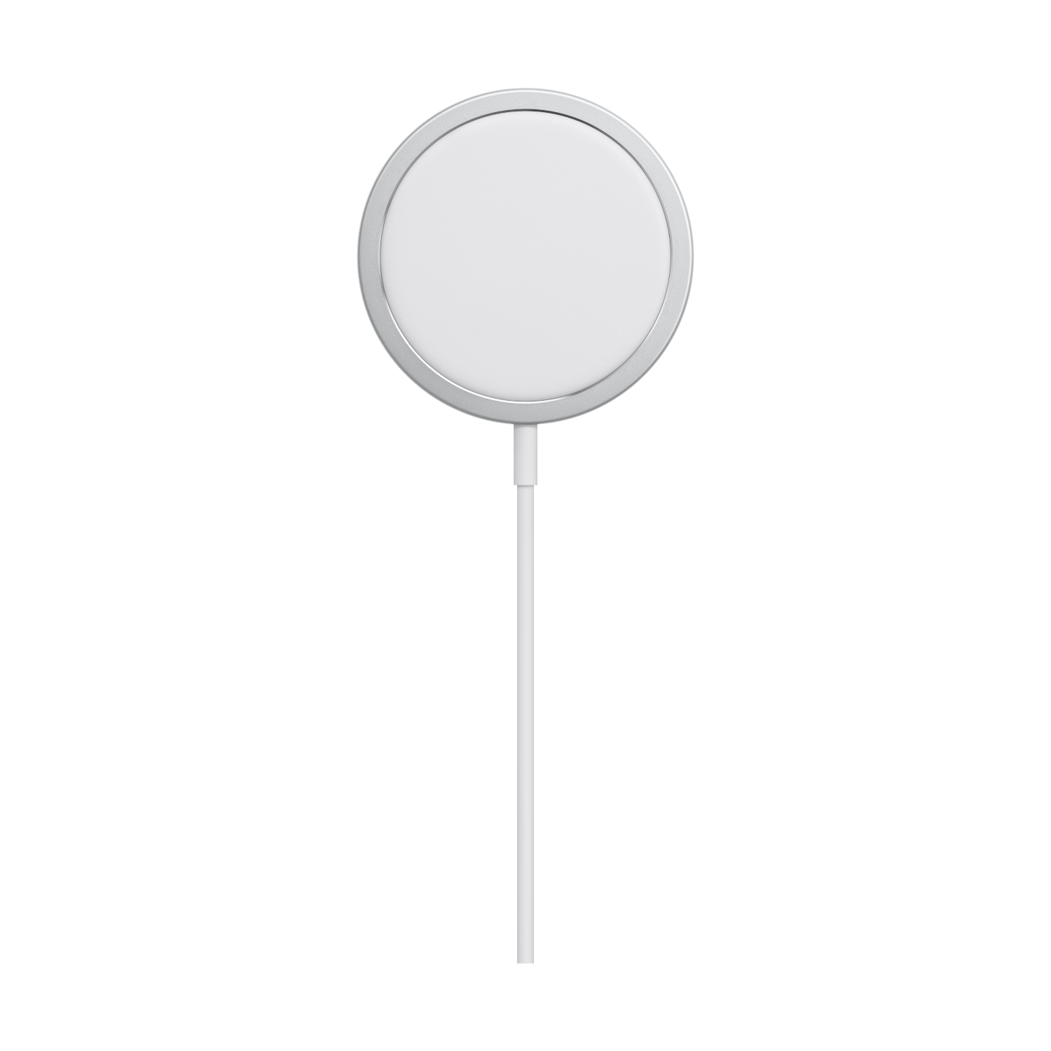 Un cargador inalámbrico blanco con una almohadilla circular y un cable conectado.