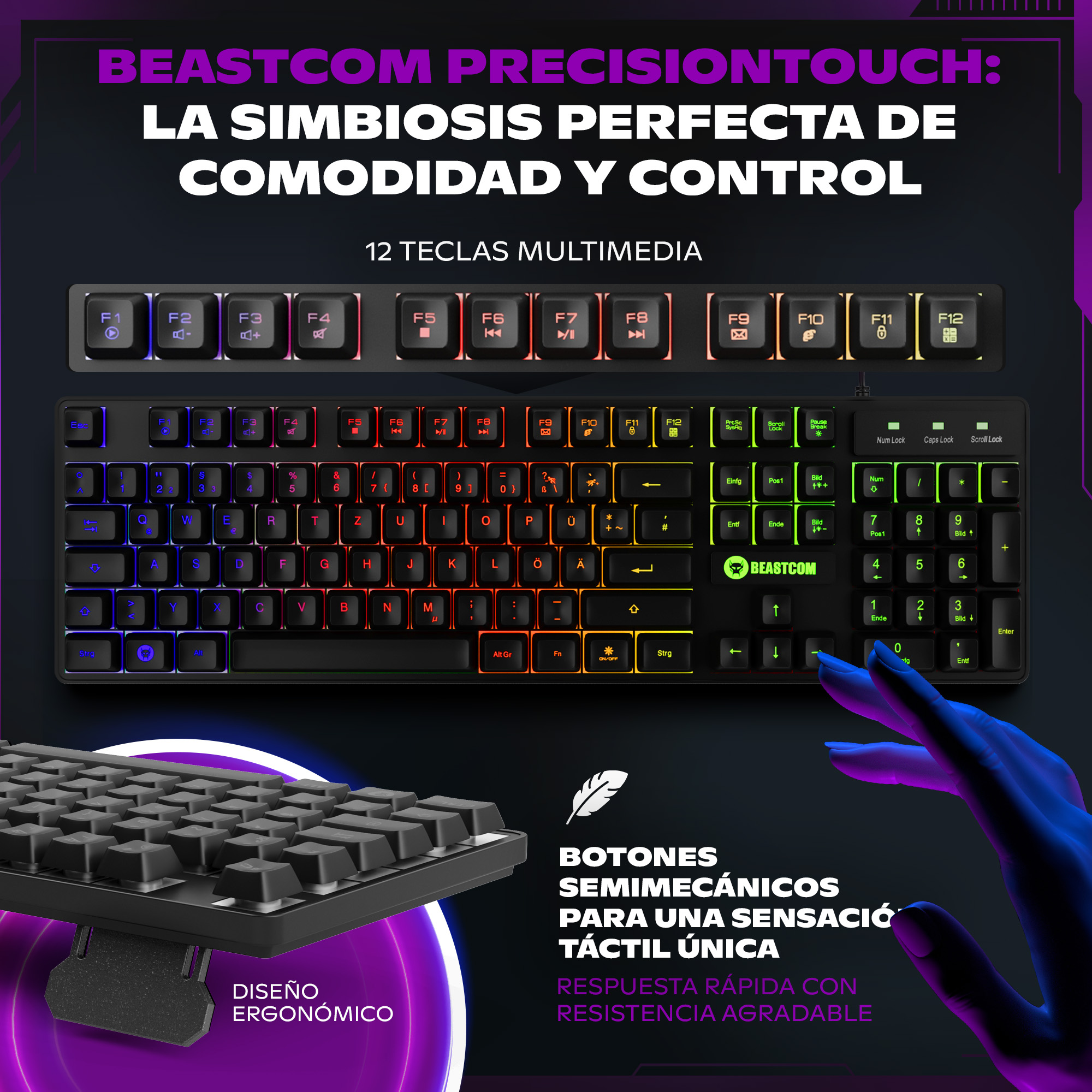 Teclado para juegos Beastcom con retroiluminación RGB, teclas multimedia y diseño ergonómico.