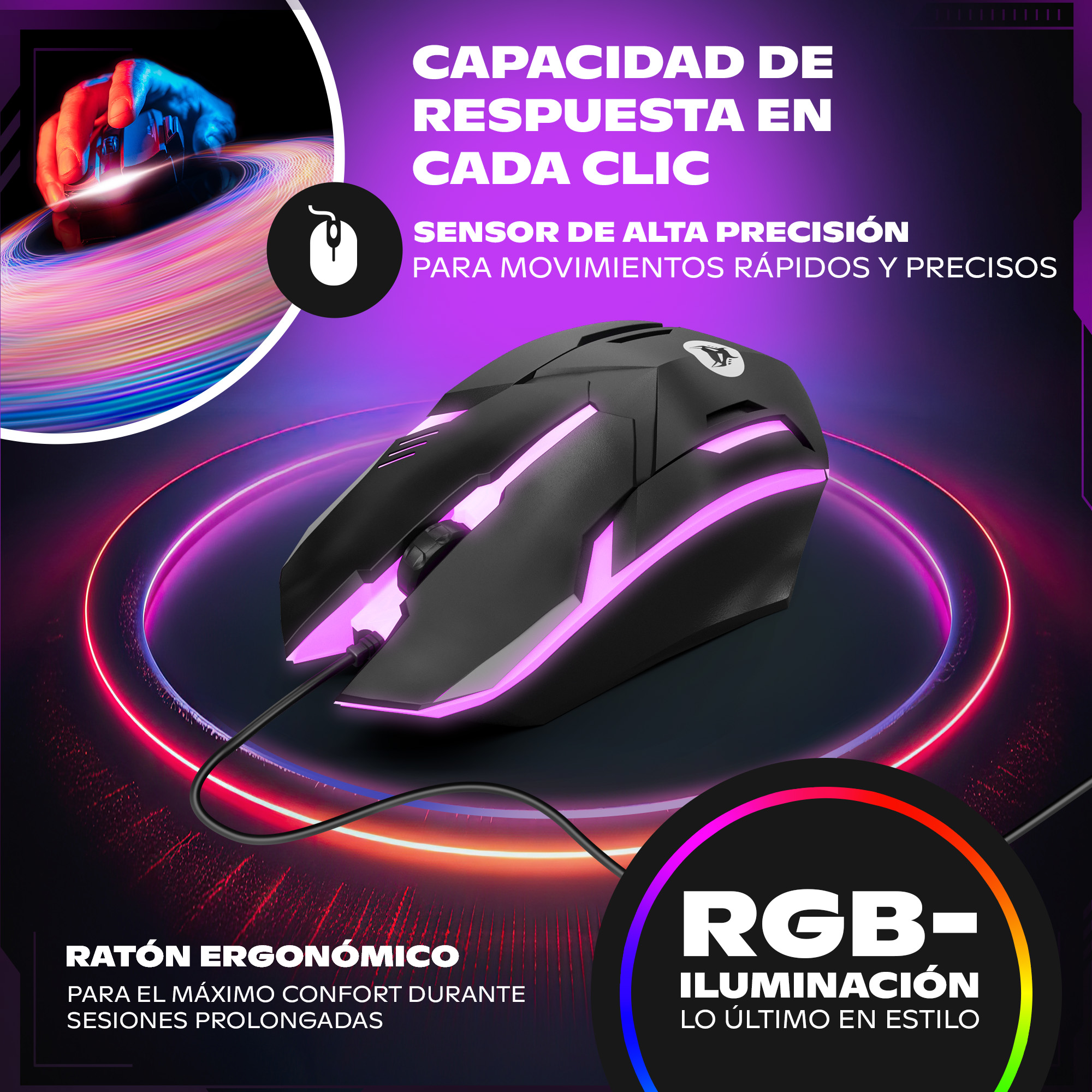 Ratón de juego negro con iluminación RGB y texto en español sobre fondo morado y oscuro.