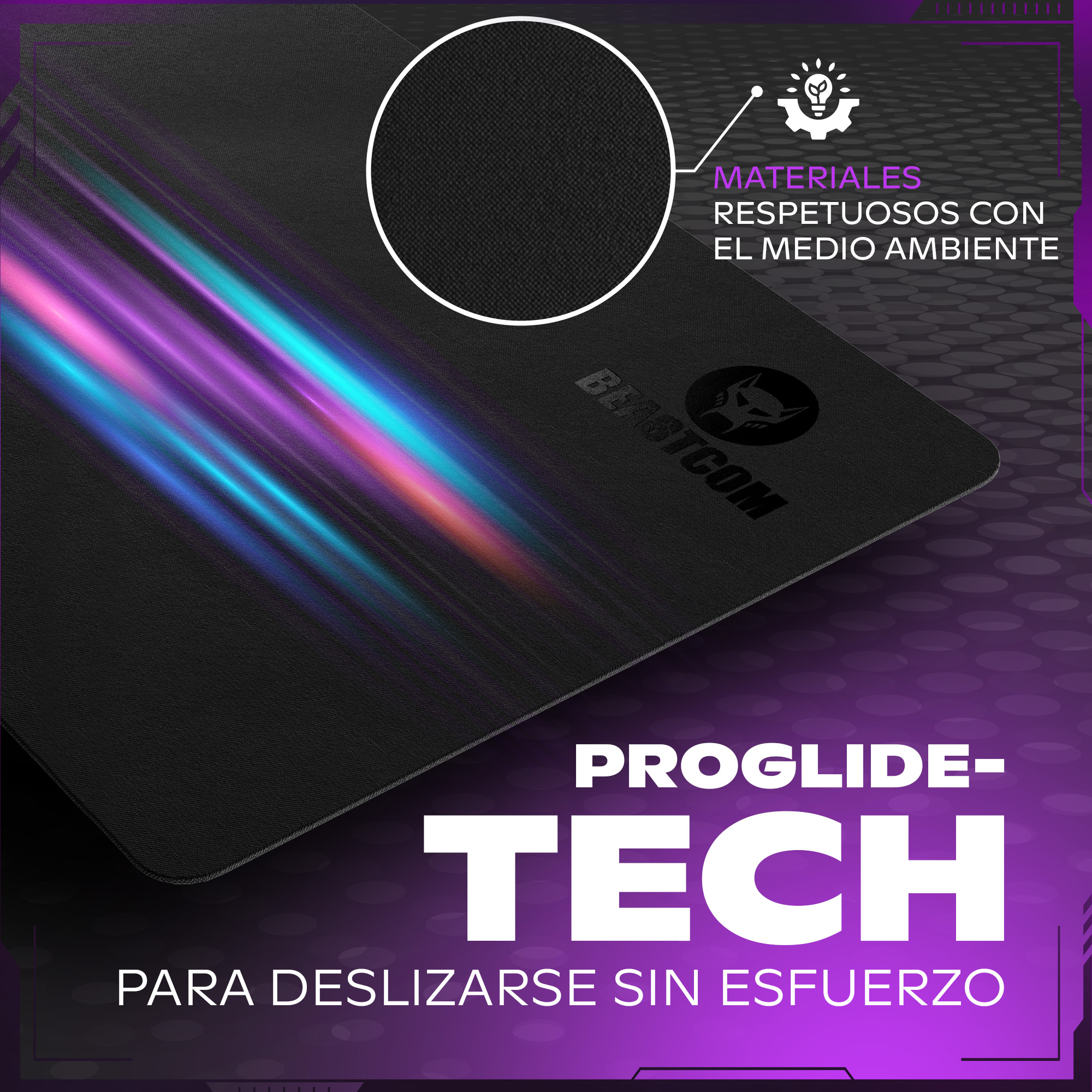 Alfombrilla negra con líneas de neón, logotipo de Beastcom y texto sobre fondo morado.