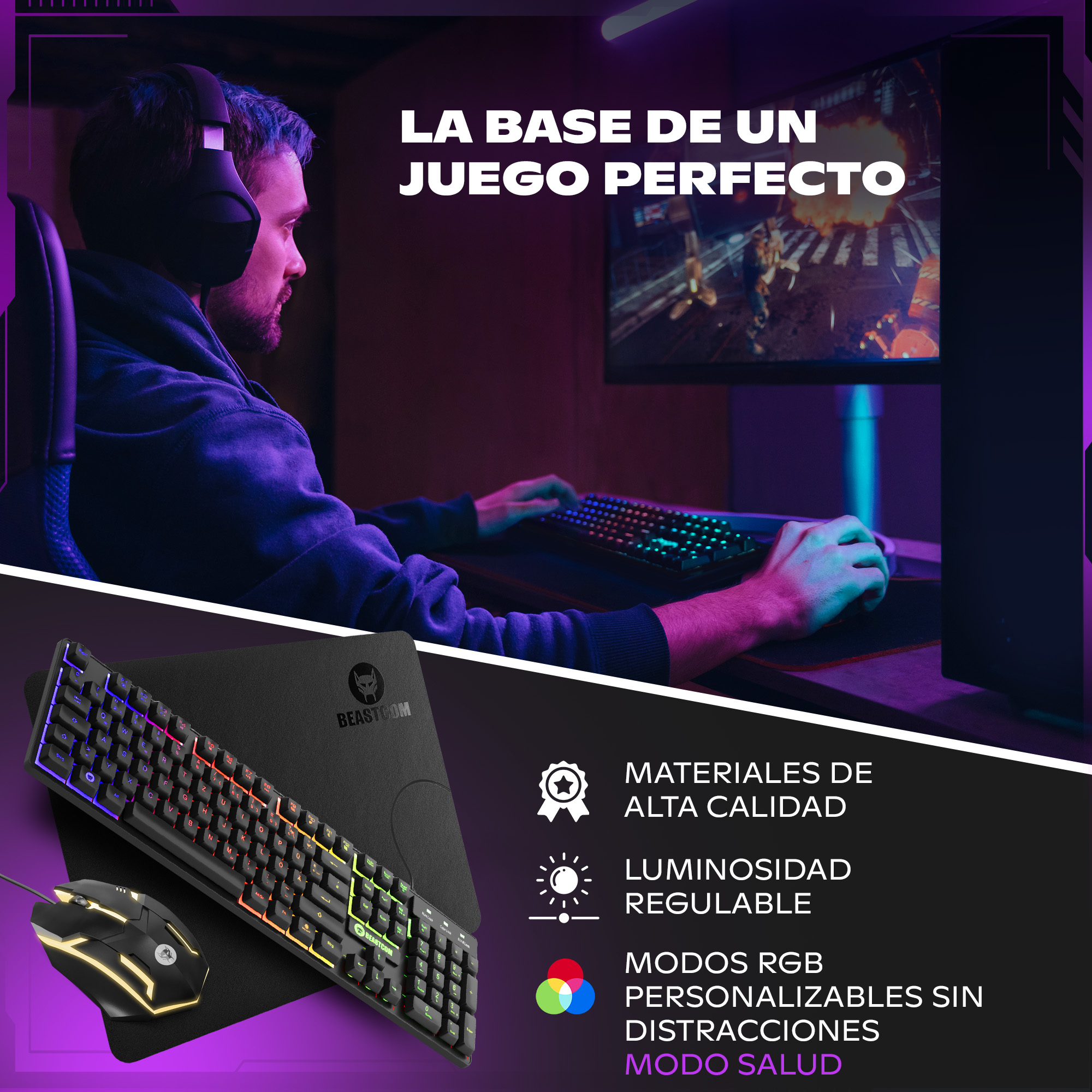 Un jugador usa una PC con teclado y ratón RGB iluminados, con texto promocional.