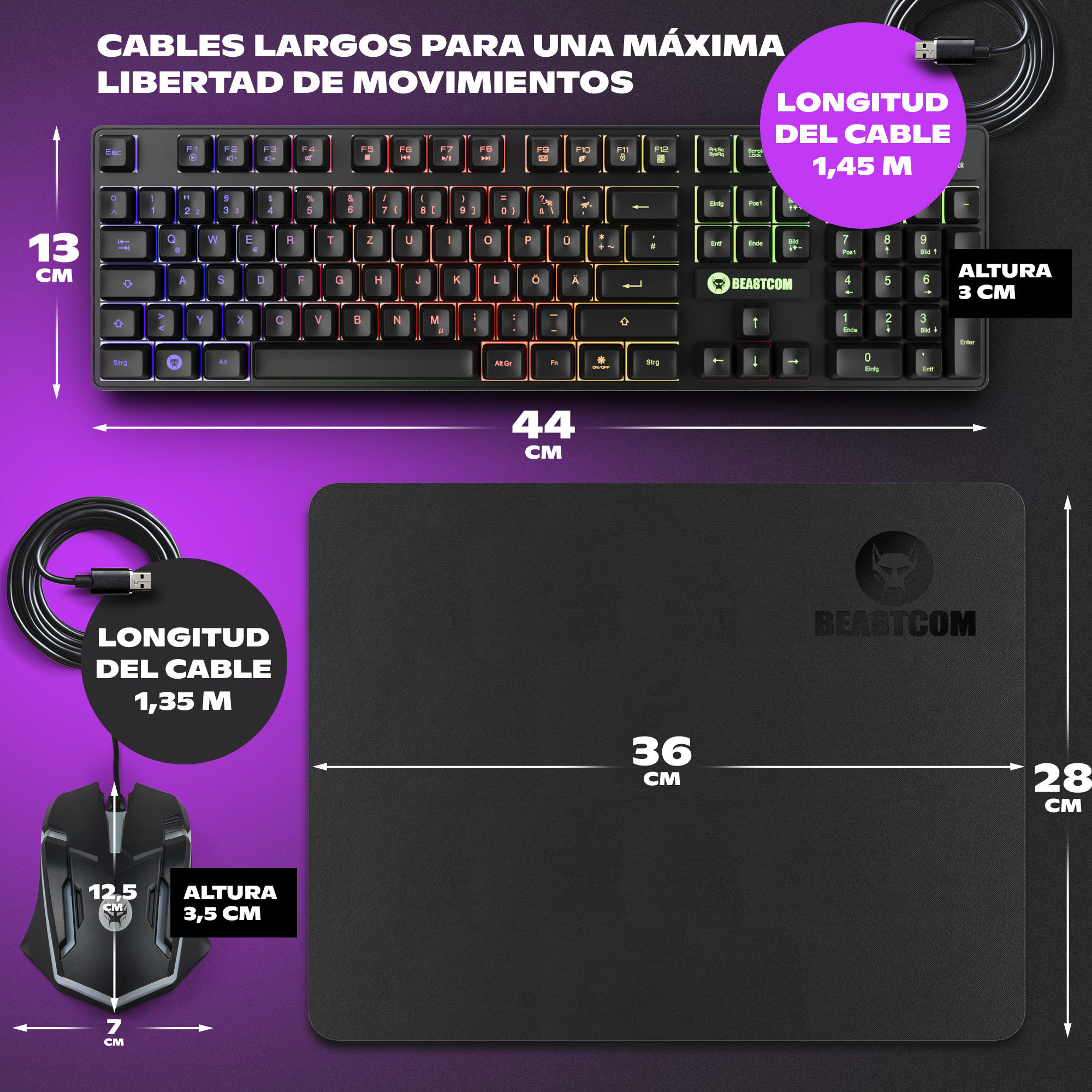 Set de juego con teclado, ratón y alfombrilla con dimensiones e info de cables sobre fondo morado.