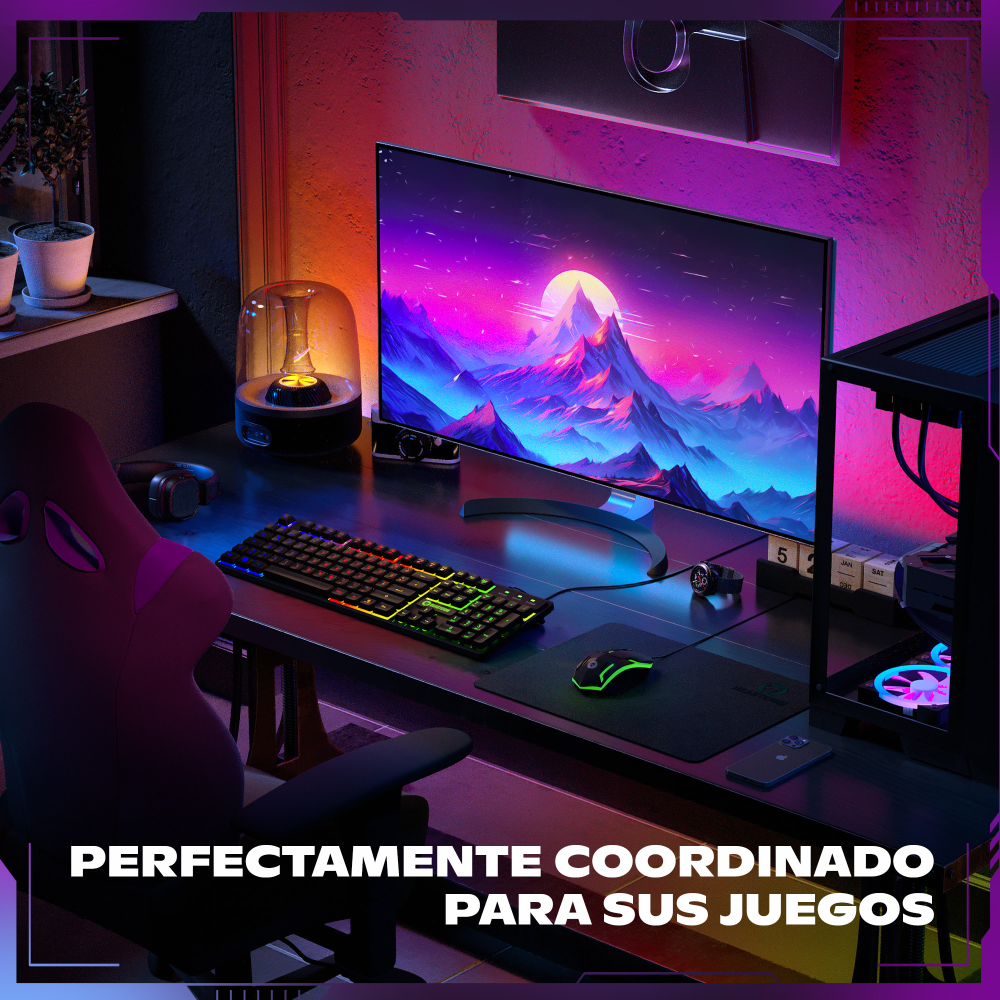 Un escritorio de juegos iluminado con monitor, teclado y ratón en una habitación con luces de neón.