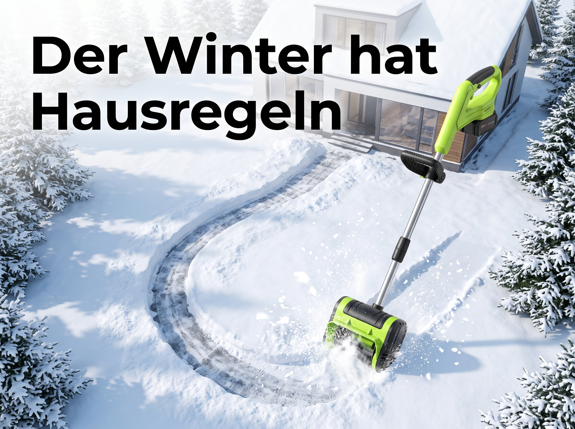 Eine grüne Akku-Schneefräse räumt Schnee vor einem modernen, verschneiten Haus weg.
