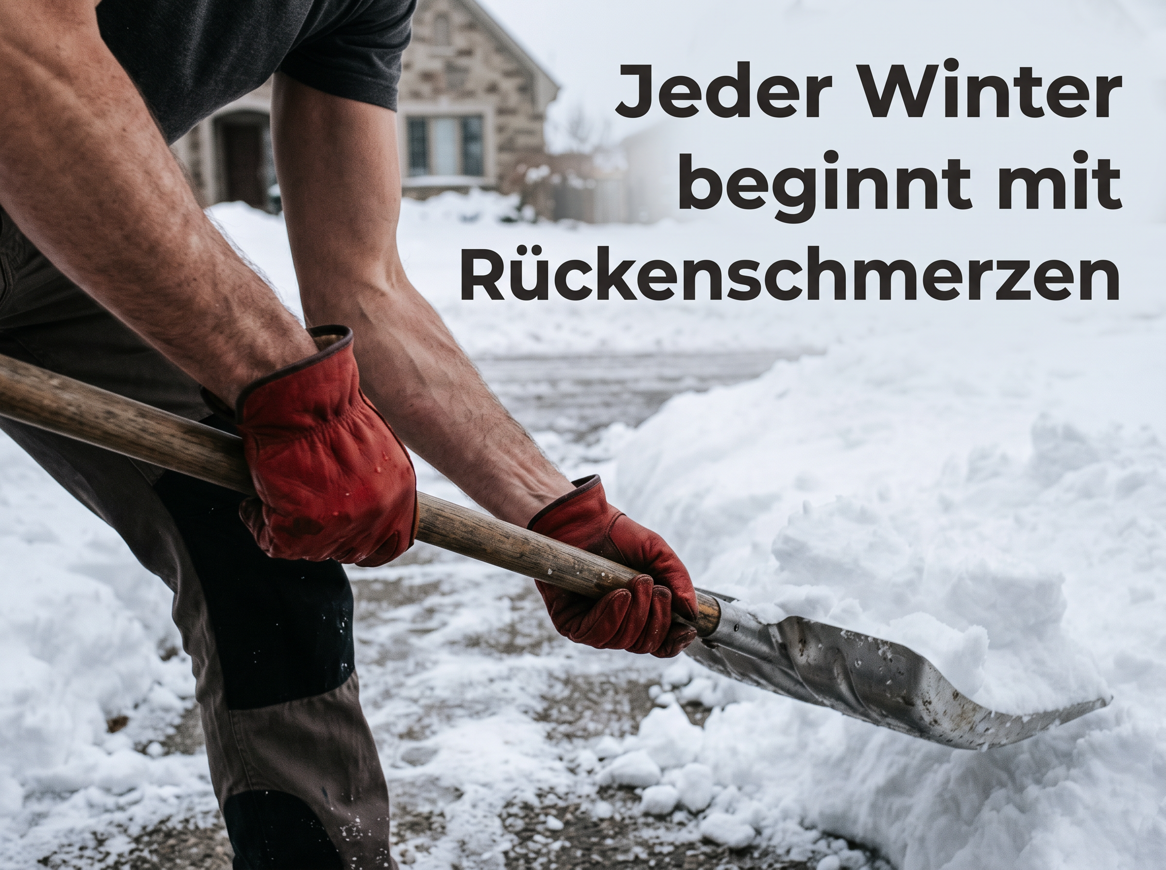 Eine Person mit roten Handschuhen schippt Schnee vor einem Haus mit deutschem Text.