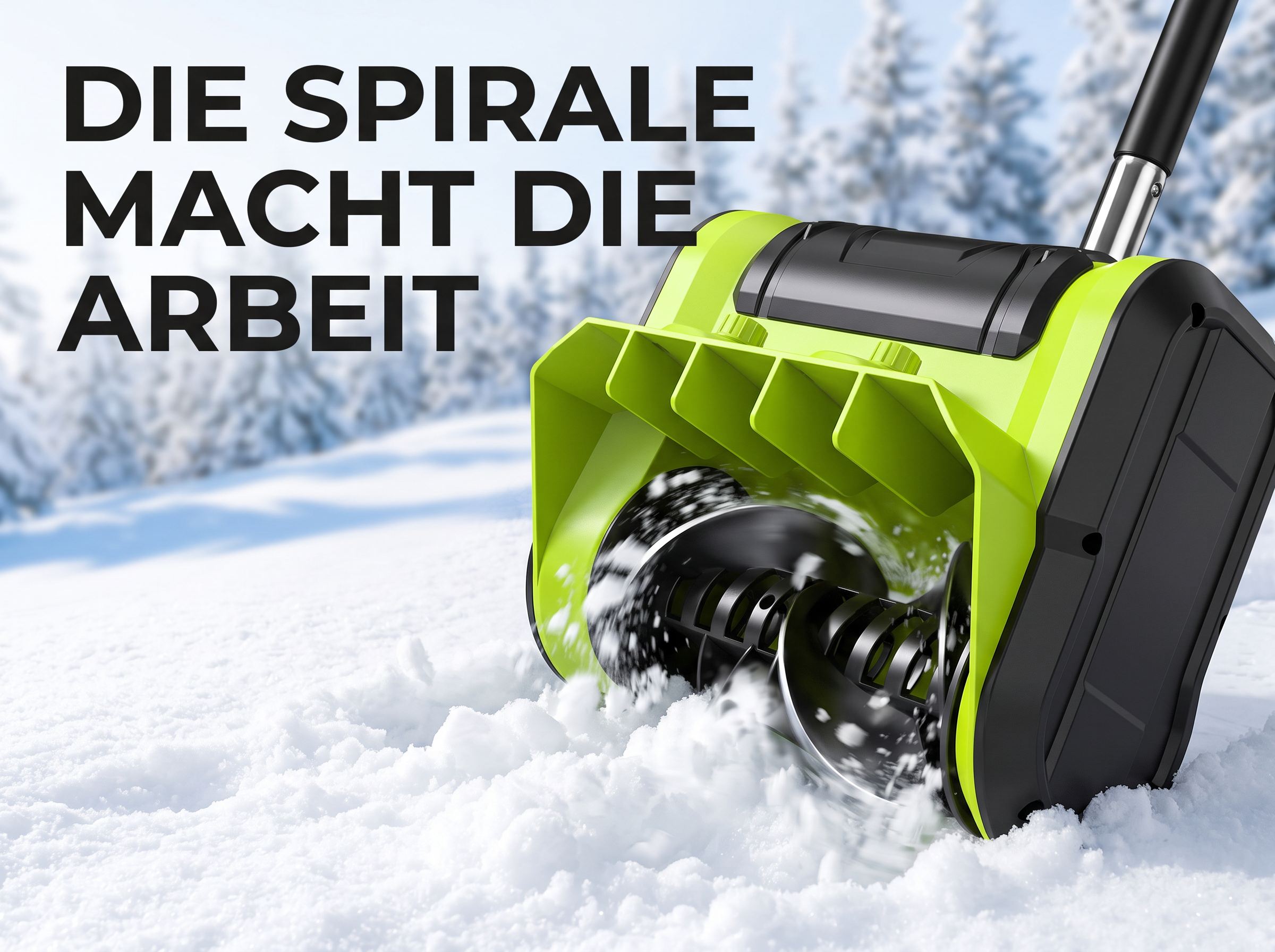 Eine grüne und schwarze Schneefräse entfernt Schnee in einer winterlichen Landschaft mit Text darüber.