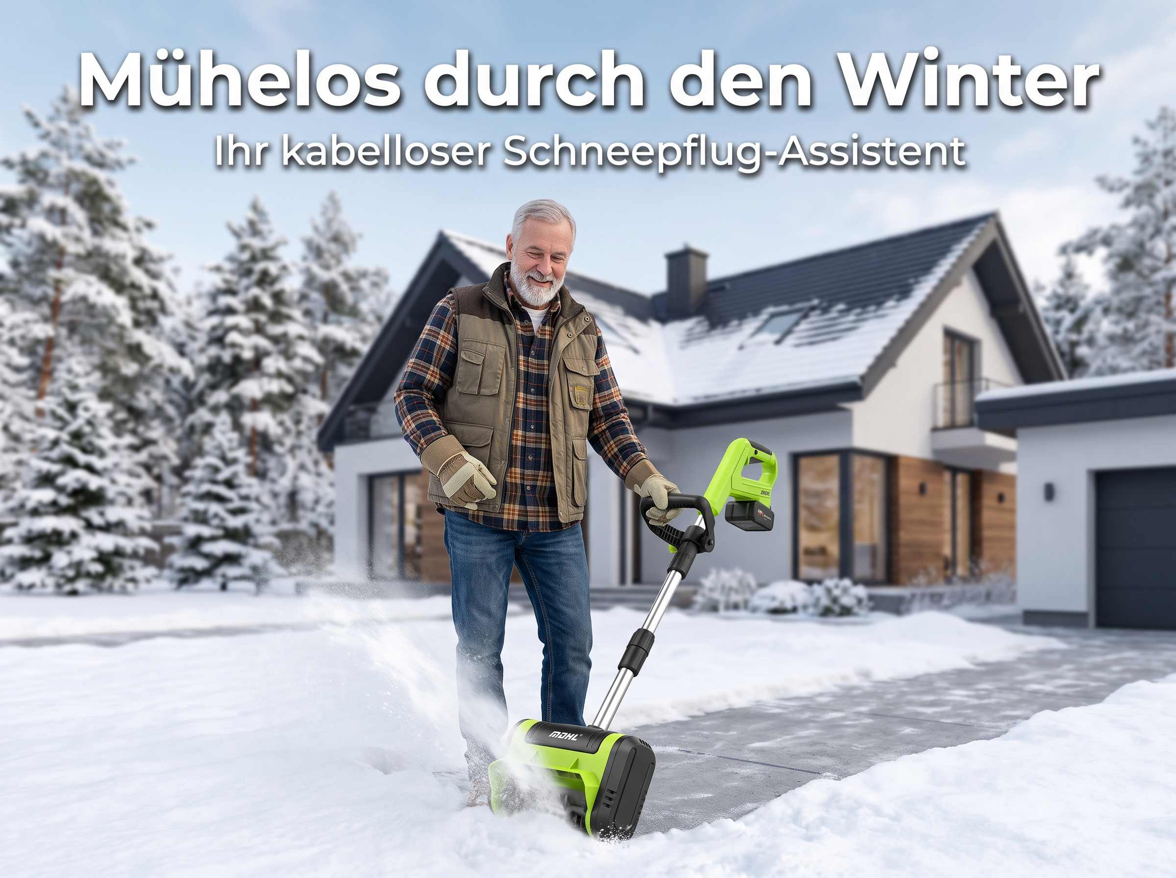 Älterer Mann nutzt einen kabellosen grünen Schneeräumer vor einem verschneiten Haus.