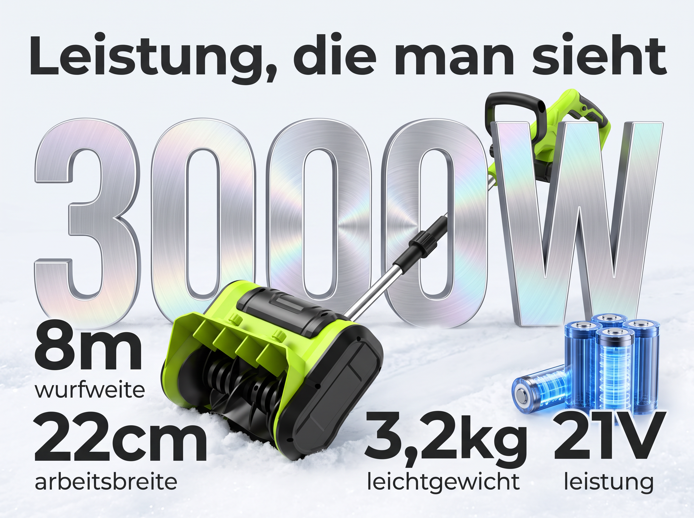 Grüne Akku-Schneefräse im Schnee mit großen 3000W-Zahlen und technischen Daten.
