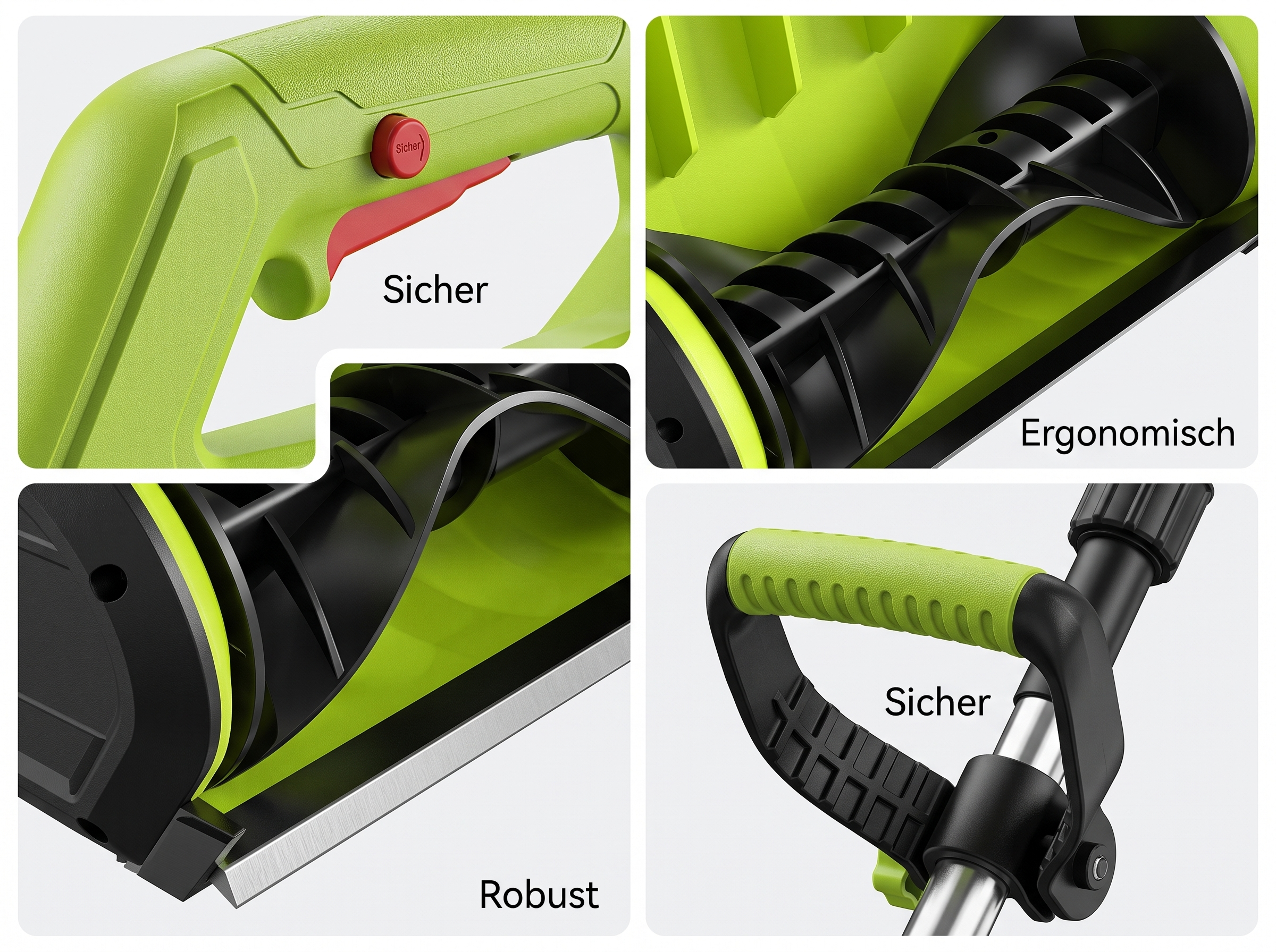 Vier Detailaufnahmen eines grünen und schwarzen Gartenwerkzeugs mit den Bezeichnungen Sicher, Ergonomisch und Robust.
