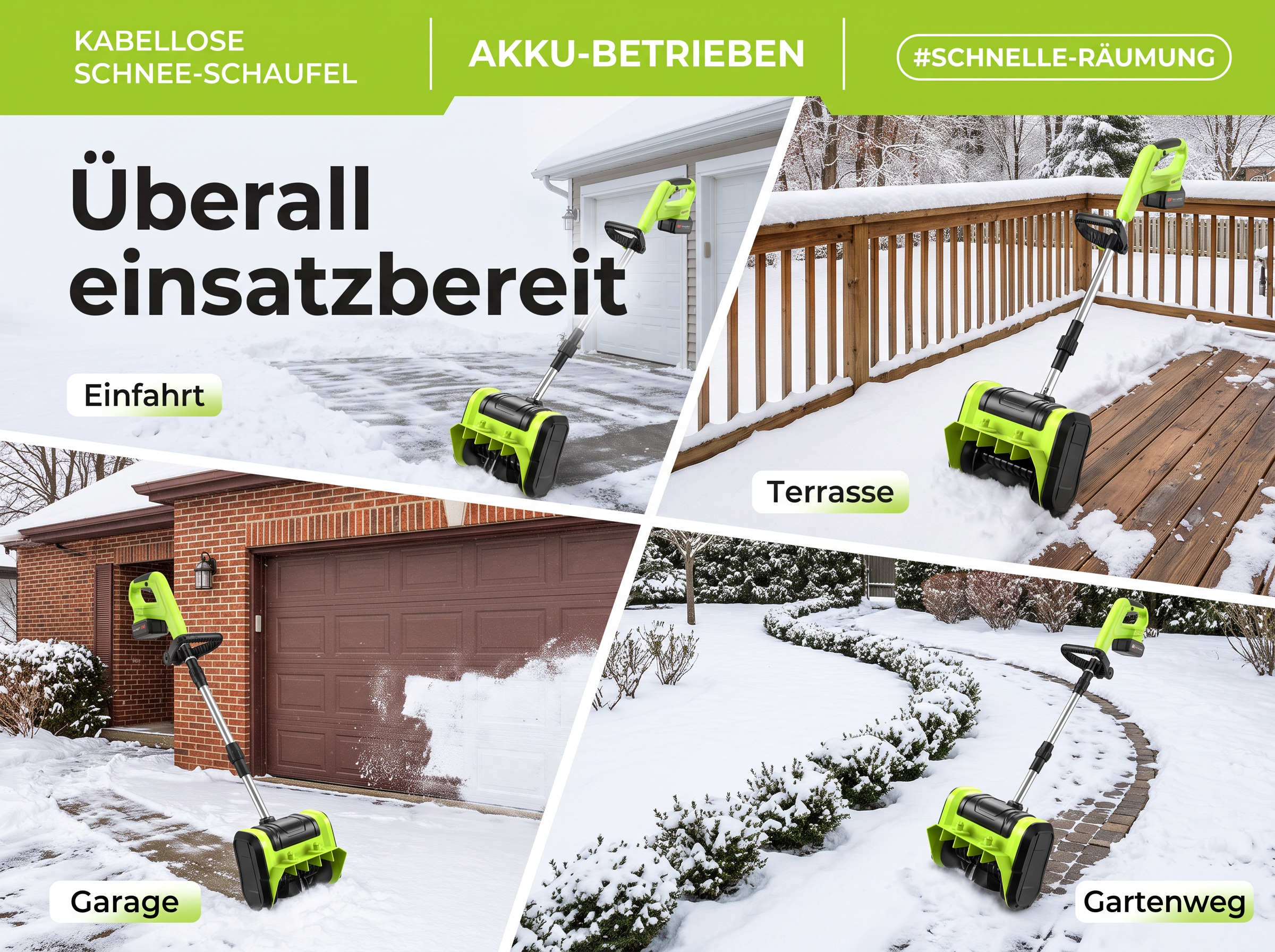 Eine grüne Akku-Schneeschaufel im Einsatz auf Einfahrt, Terrasse, Garage und Gartenweg.