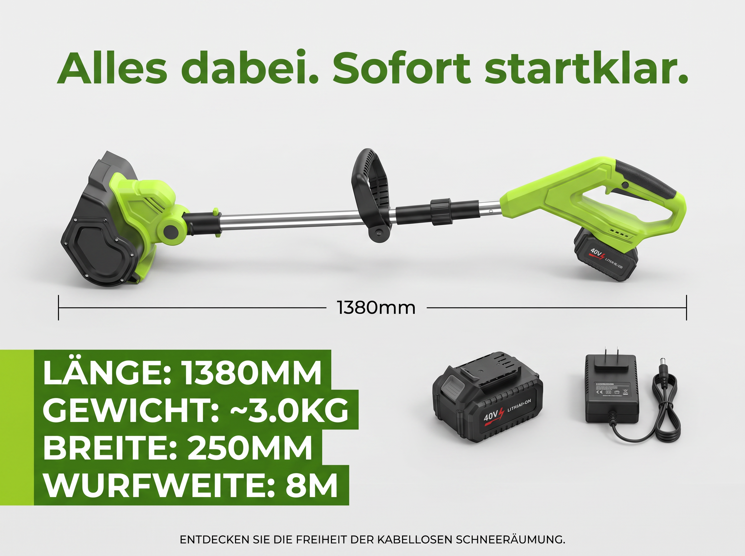 Grüne Akku-Schneefräse mit 1380mm Länge, inkl. Akku und Ladegerät.