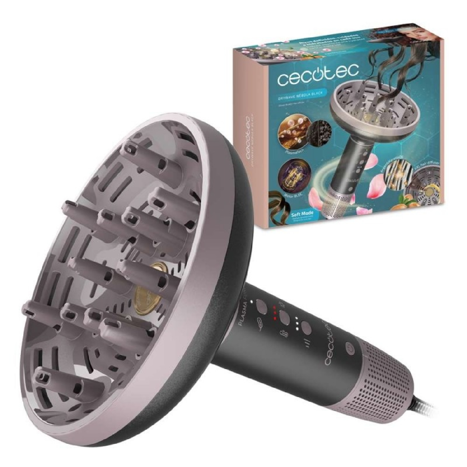 Un diffusore per capelli Cecotec con grande accessorio e manico, mostrato davanti alla scatola.