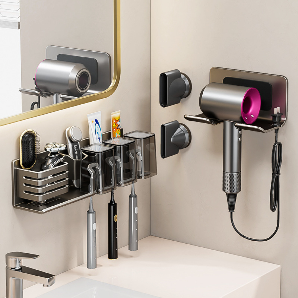 Portaoggetti da parete per bagno con asciugacapelli, spazzolini, dentifricio e rasoio.