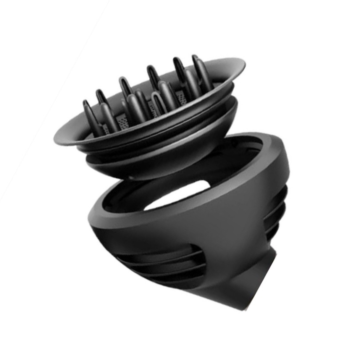 Diffusore per asciugacapelli nero con accessorio staccabile su sfondo bianco.