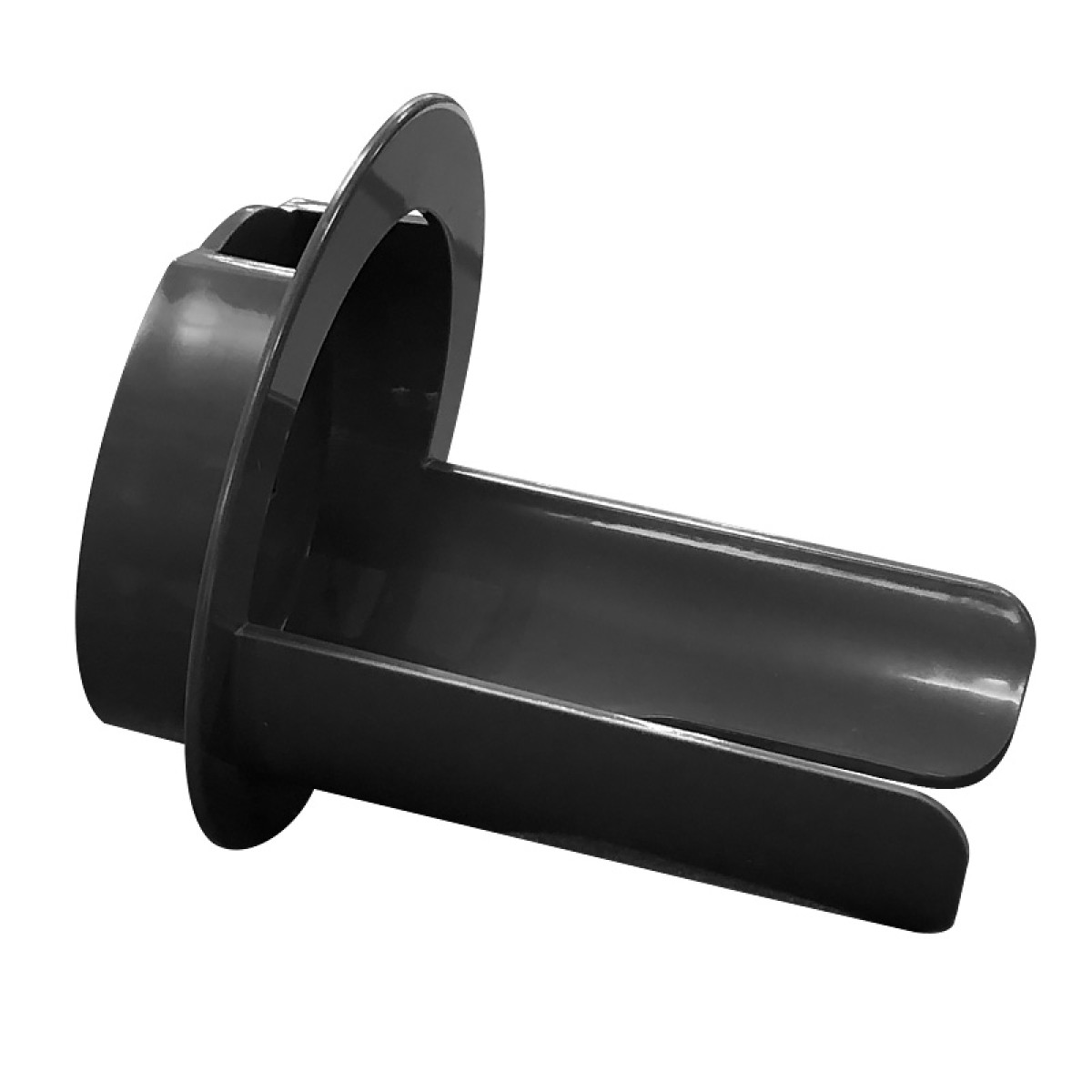 Un pezzo di plastica nero lucido con una flangia rotonda e una canalina semi-cilindrica su sfondo bianco.