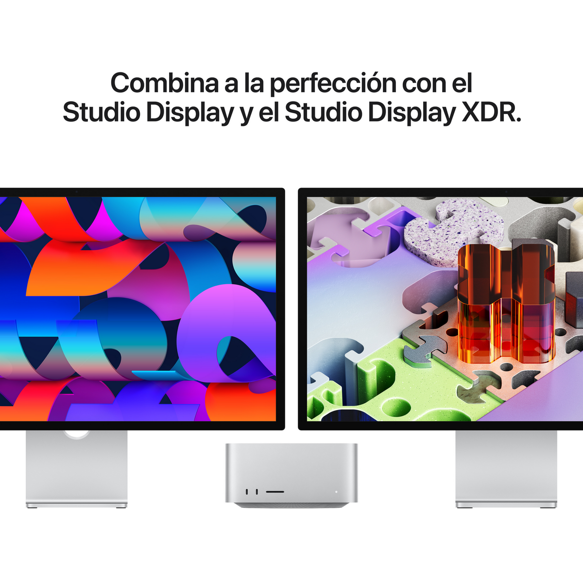 Dos monitores y un Mac Studio con coloridos fondos abstractos y texto en español arriba.