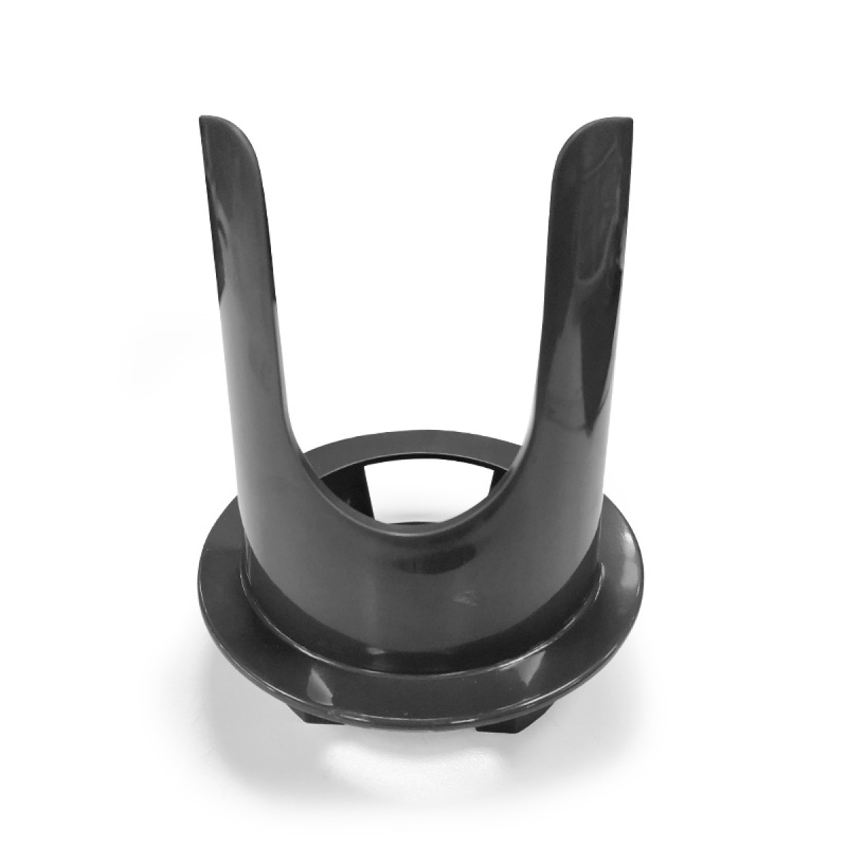 Un portabottiglie in plastica grigia con due alte pareti laterali curve su sfondo bianco.
