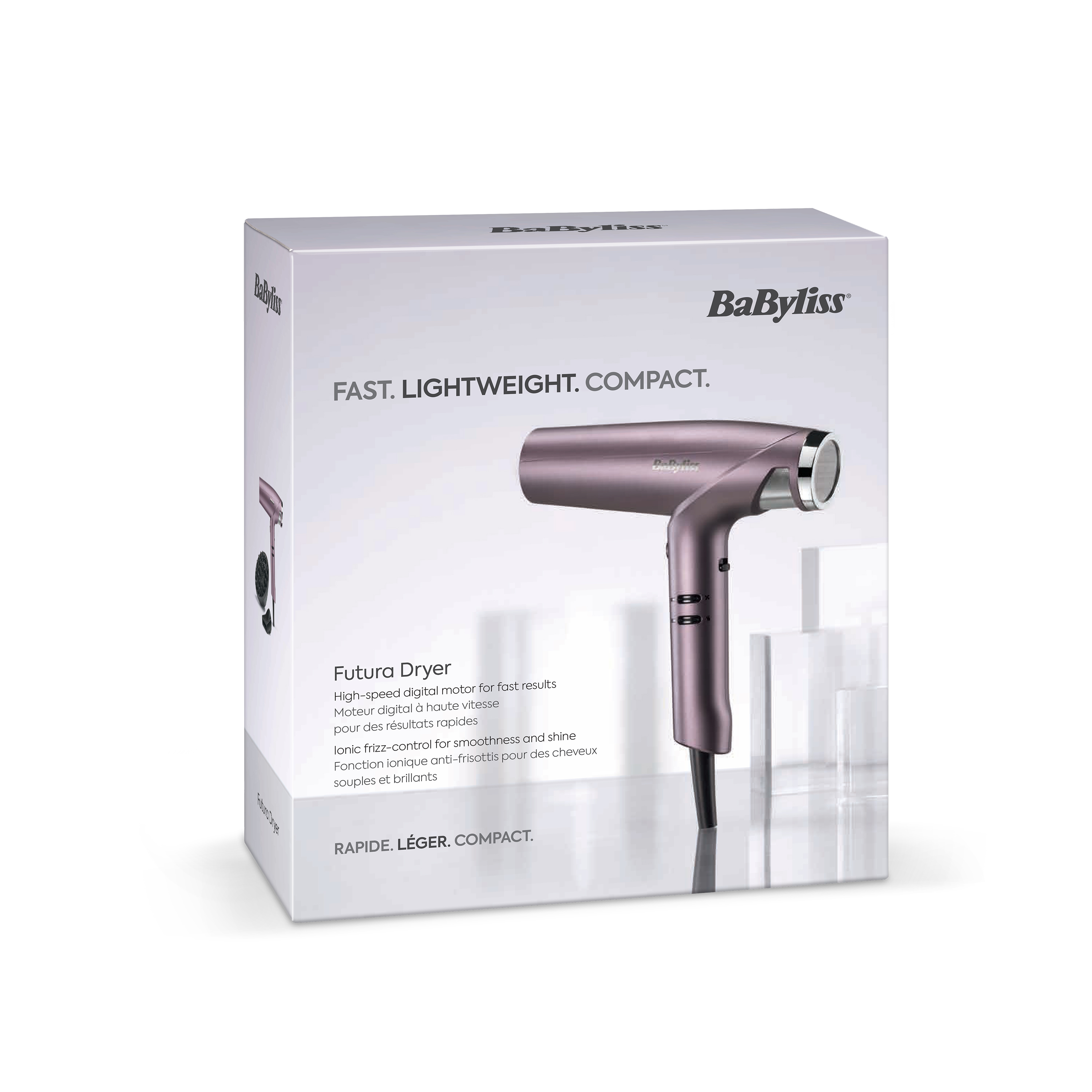 Confezione di un asciugacapelli rosa BaByliss Futura con testo su sfondo bianco.
