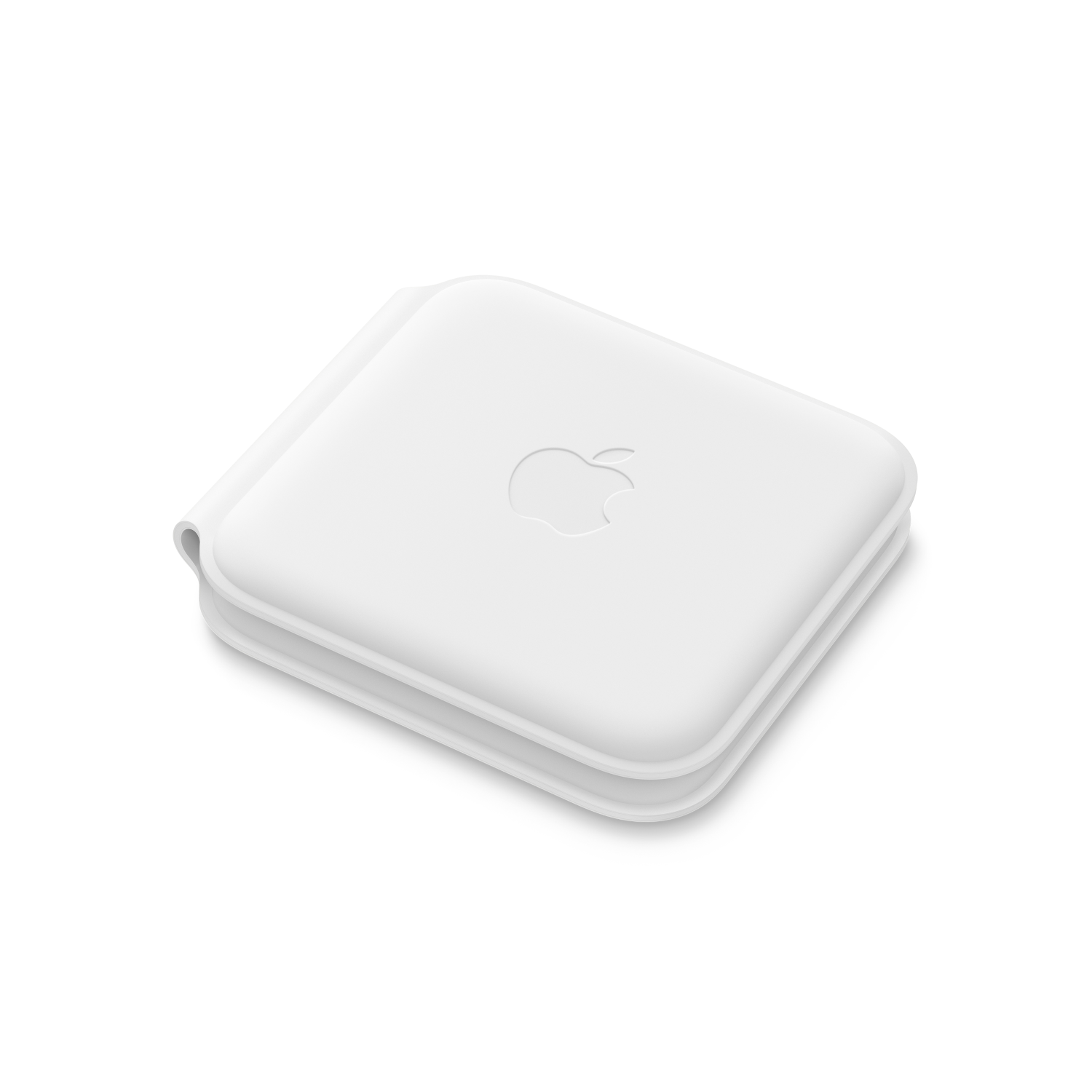 Ein weißes Apple AirTag-Lederetui liegt auf weißem Hintergrund.