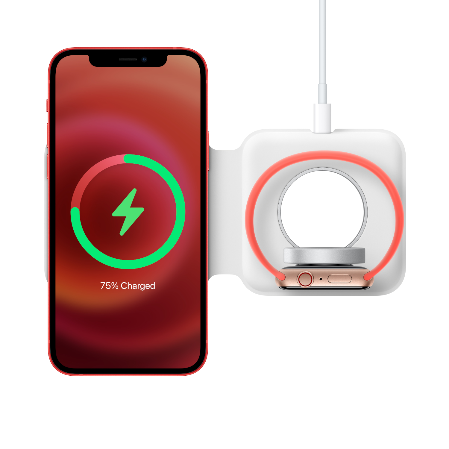 Ein rotes Smartphone und eine Smartwatch laden auf einer weißen MagSafe-Duo-Ladestation.