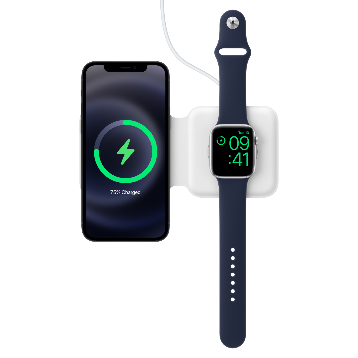 Ein schwarzes Smartphone und eine Smartwatch mit dunkelblauem Armband laden auf einer weißen MagSafe Duo Station.