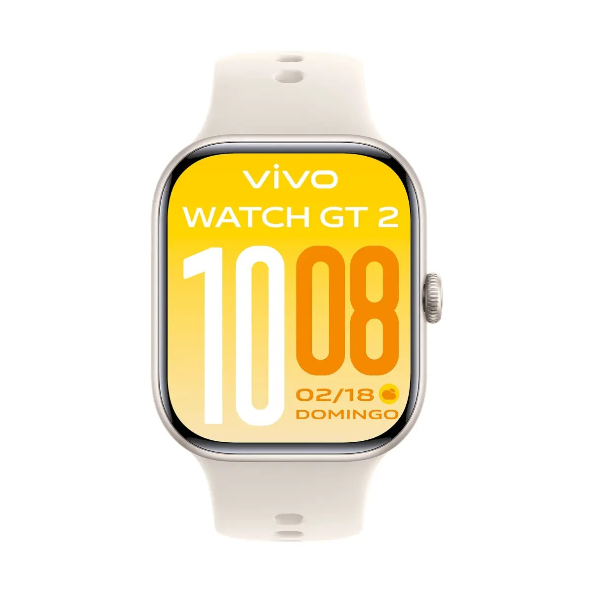 Vivo Watch GT 2 mit weißem Armband und gelbem Display.
