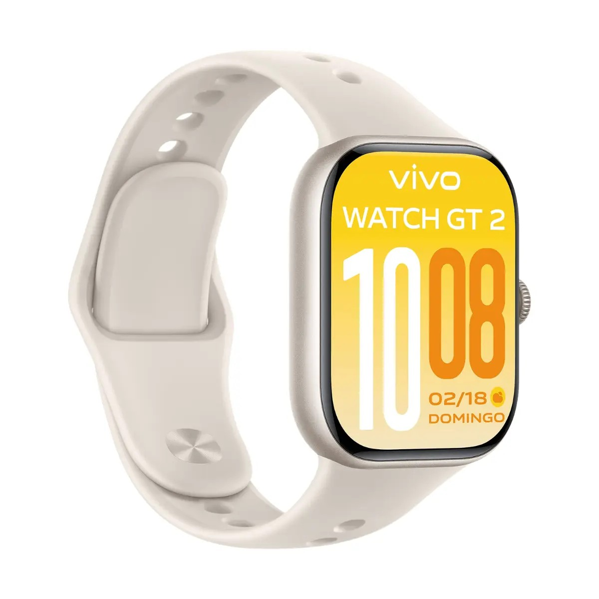 Eine beige vivo Watch GT 2 mit Digitalanzeige 10:08 und weißem Silikonarmband vor einfarbigem Hintergrund.