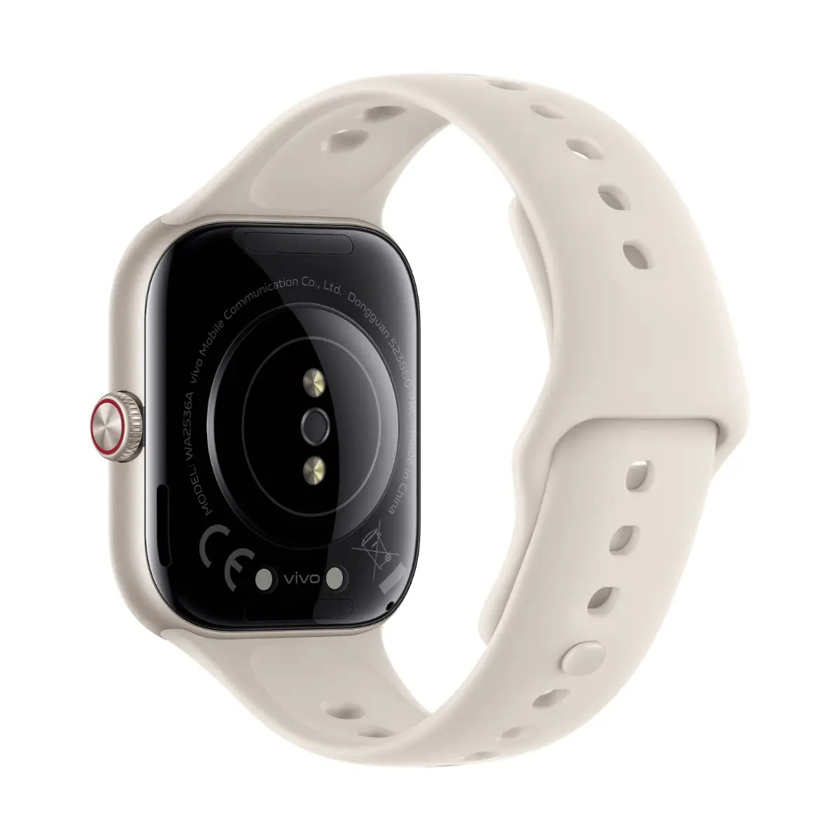 Rückseite einer beigen Smartwatch mit Sensor und weißem Silikonarmband auf weißem Hintergrund.