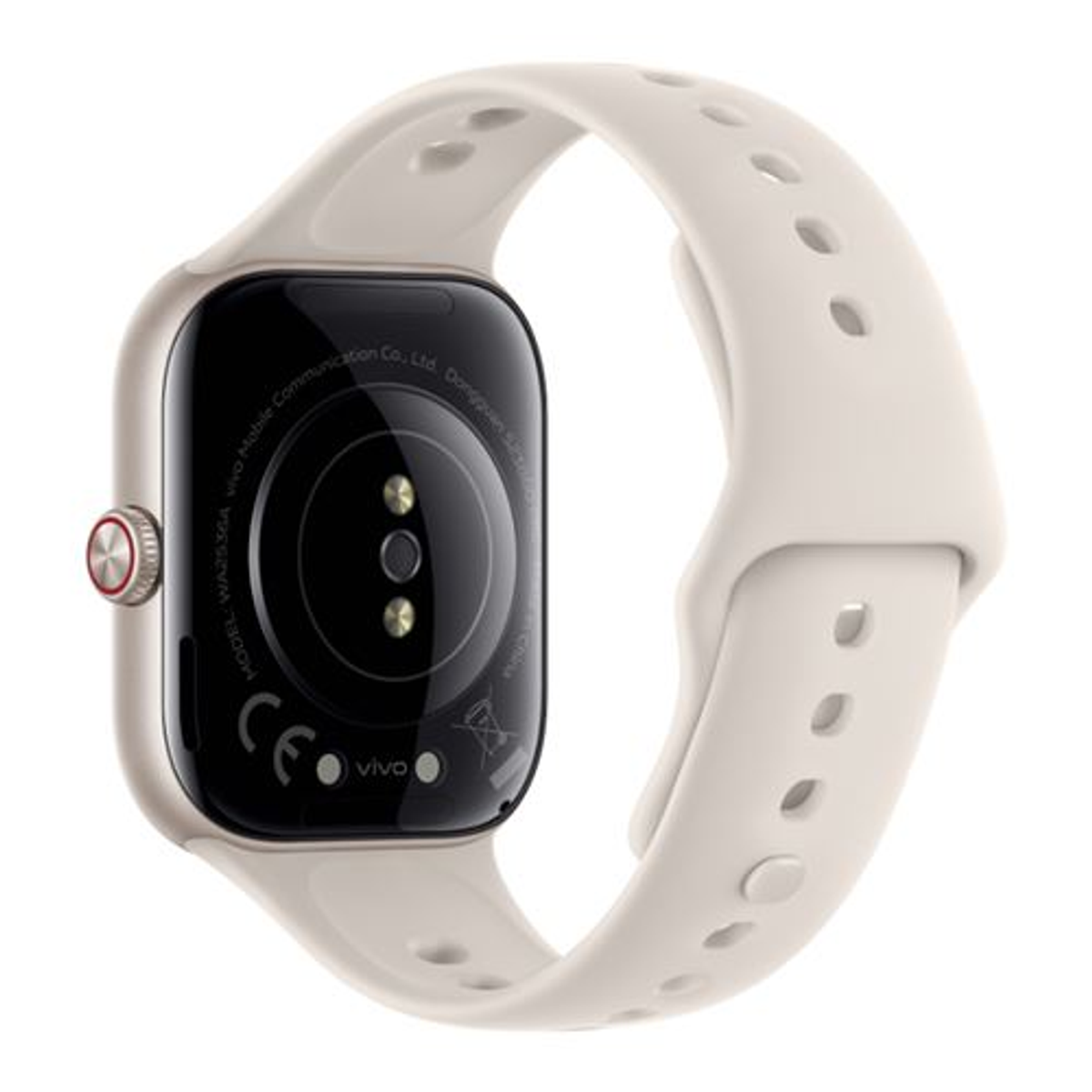 Rückseite einer beigen Smartwatch mit Sensoren und perforiertem Silikonarmband auf weißem Hintergrund.