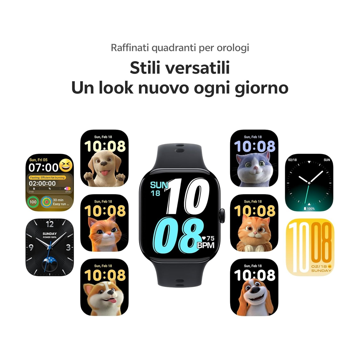 Eine Smartwatch in der Mitte mit verschiedenen bunten Zifferblättern und süßen Tieren ringsherum.