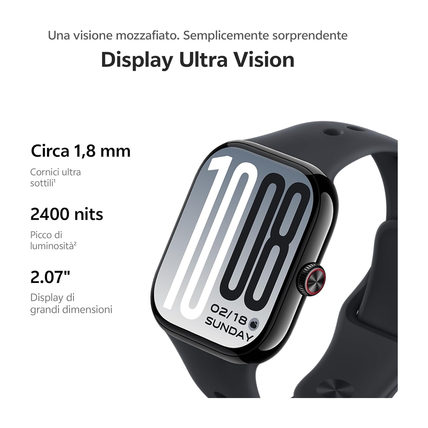 Eine schwarze Smartwatch mit großem Display, schmalem Rand und Textdetails zur Helligkeit auf weißem Hintergrund.