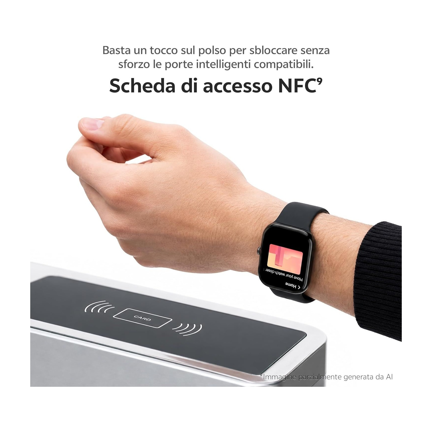 Hand mit schwarzer Smartwatch über einem NFC-Kartenzahlungsgerät mit Text und italienischer Überschrift.