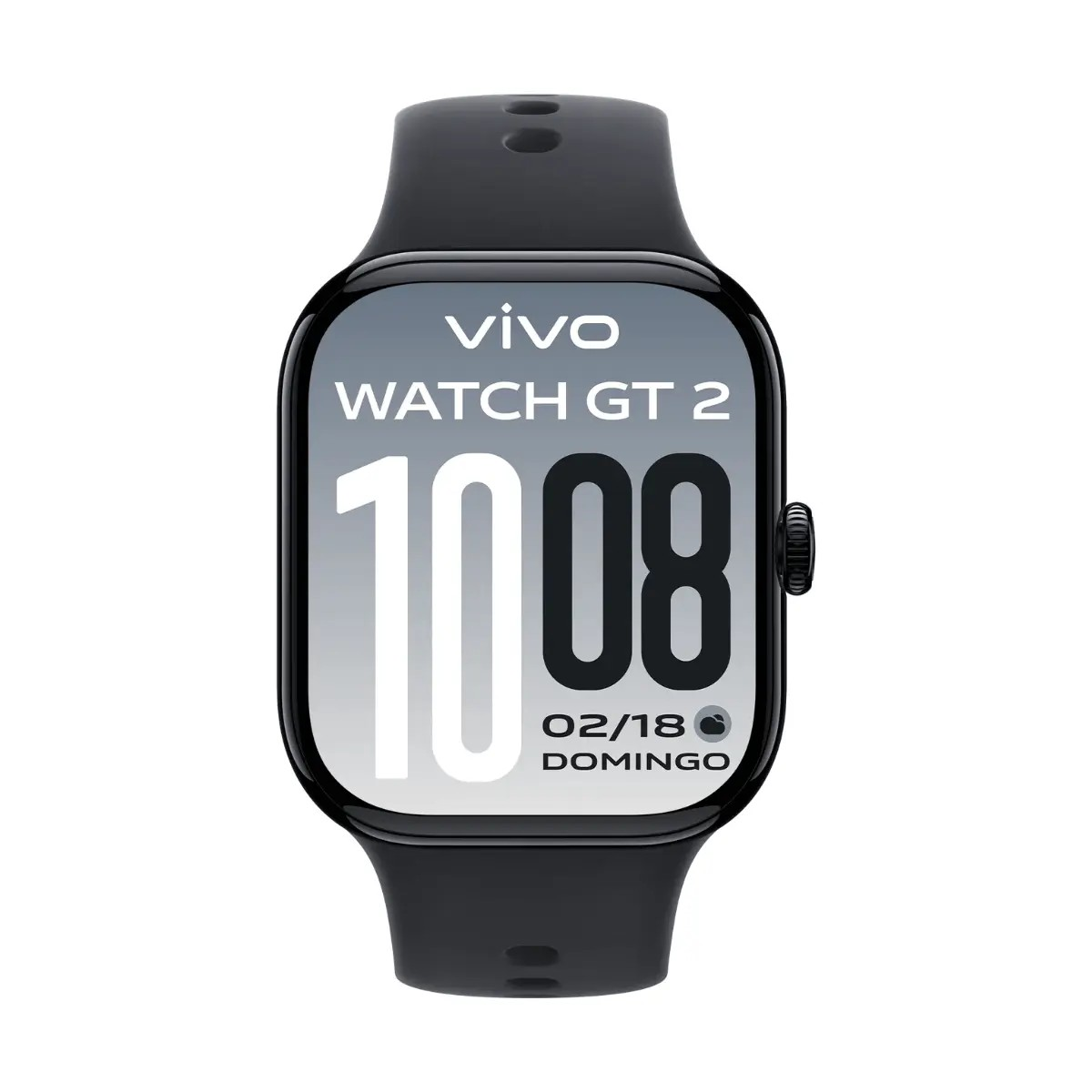 Eine schwarze Vivo Watch GT 2 Smartwatch mit digitaler Anzeige, die 10:08 Uhr anzeigt.
