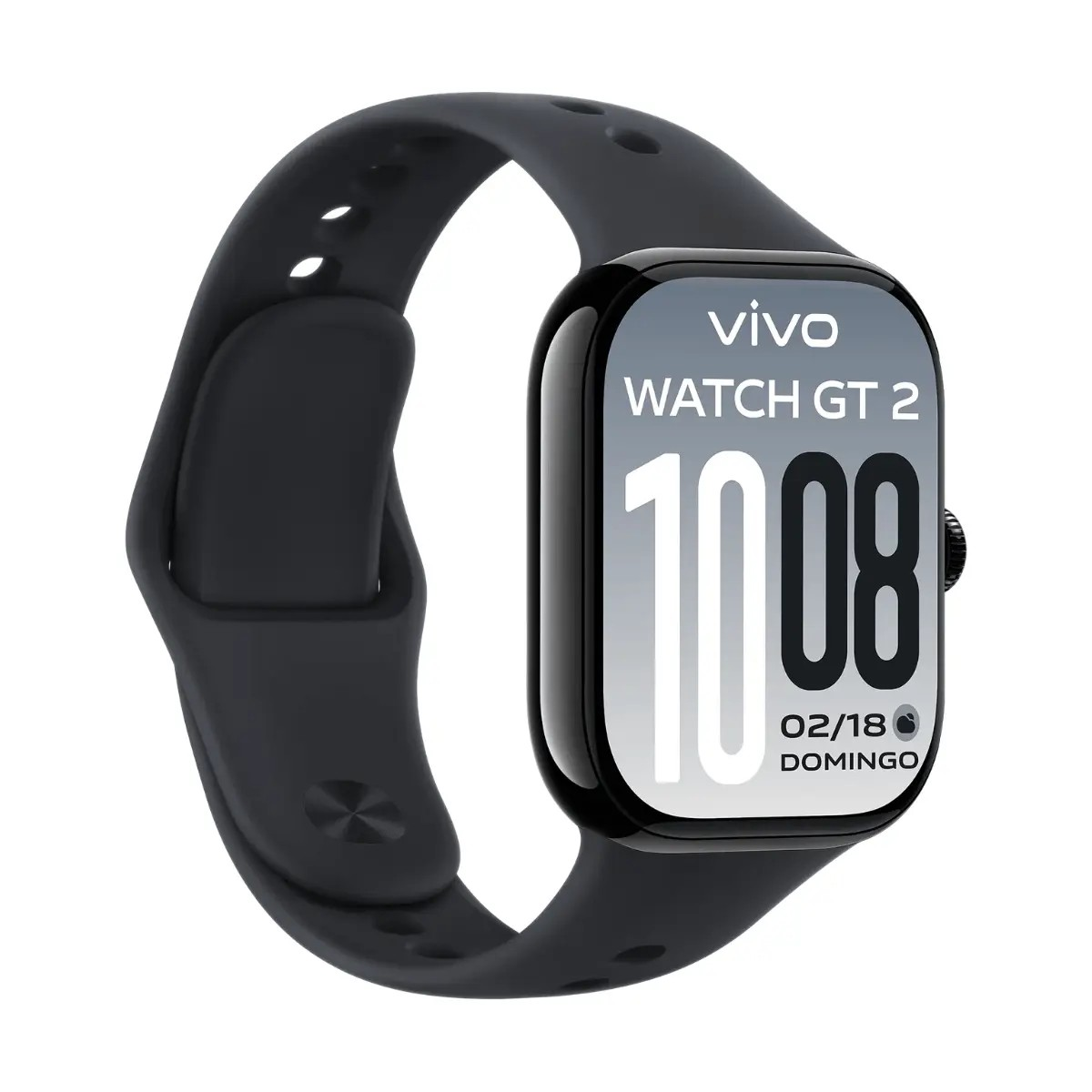 Schwarze Vivo Watch GT 2 Smartwatch mit rechteckigem Display und Silikonarmband auf weißem Hintergrund.