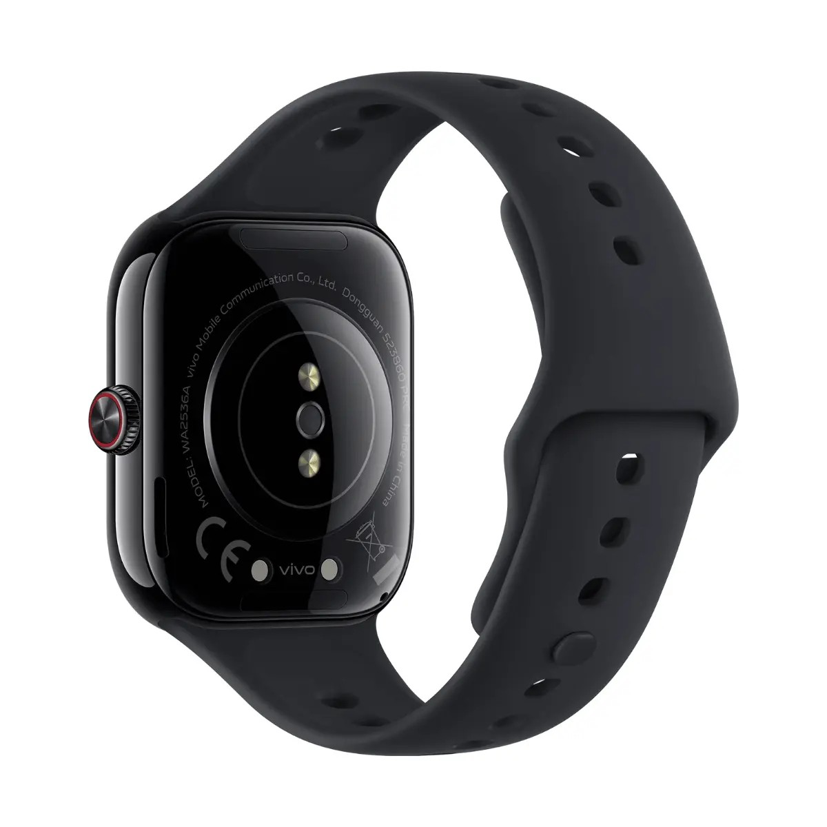 Rückseite einer schwarzen Smartwatch mit Sensoren und gelochtem Armband auf weißem Hintergrund.