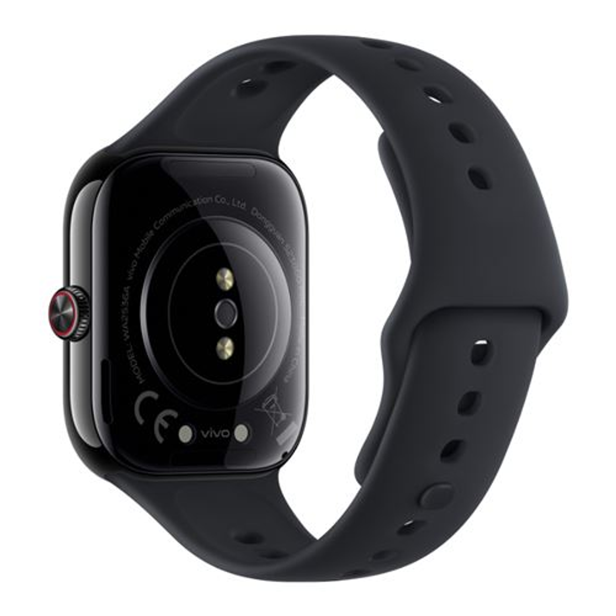 Eine schwarze Smartwatch mit Silikonarmband von hinten, mit Sensoren und Gehäusedetails.