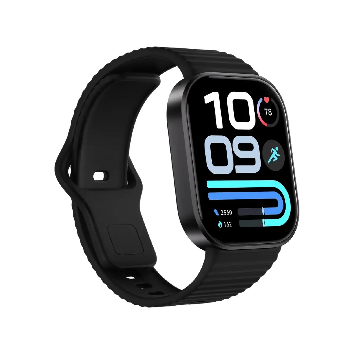 Schwarze Smartwatch mit gerilltem Armband und digitaler Anzeige von Uhrzeit, Herzfrequenz und Fitnessdaten.