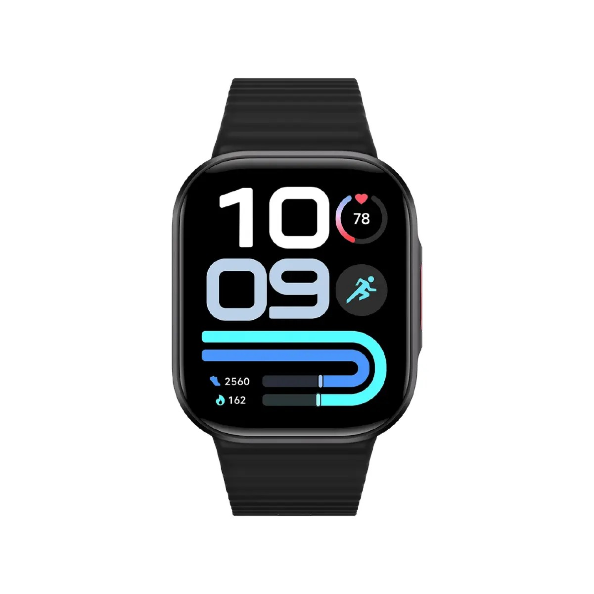 Eine schwarze Smartwatch mit der Anzeige 10:09 Uhr, Puls 78, Schritten und Kalorien auf weißem Hintergrund.