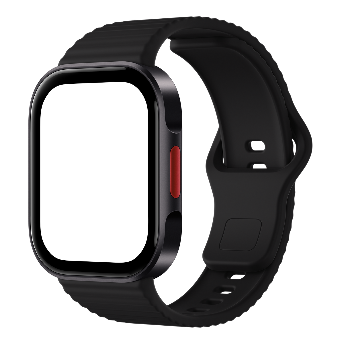 Eine schwarze Smartwatch mit quadratischem Gehäuse, schwarzem Rippenarmband und rotem Seitenknopf vor schwarzem Hintergrund.