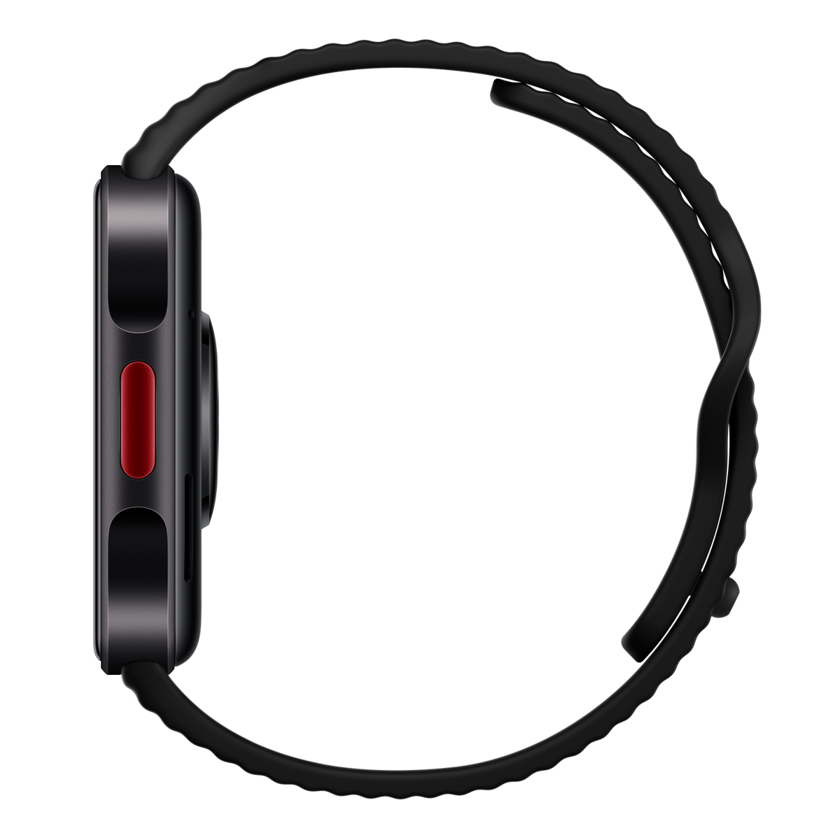Eine schwarze Smartwatch mit strukturiertem Armband und rotem Knopf an der Seite vor schwarzem Hintergrund.