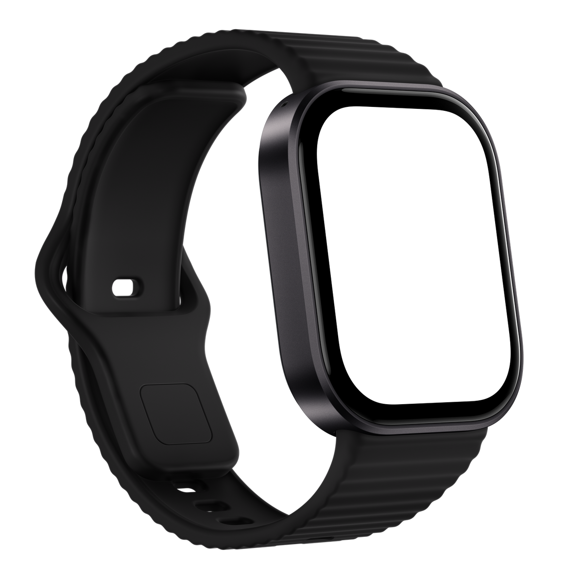 Eine schwarze Smartwatch mit einem rechteckigen Gehäuse und geripptem Silikonarmband vor dunklem Hintergrund.