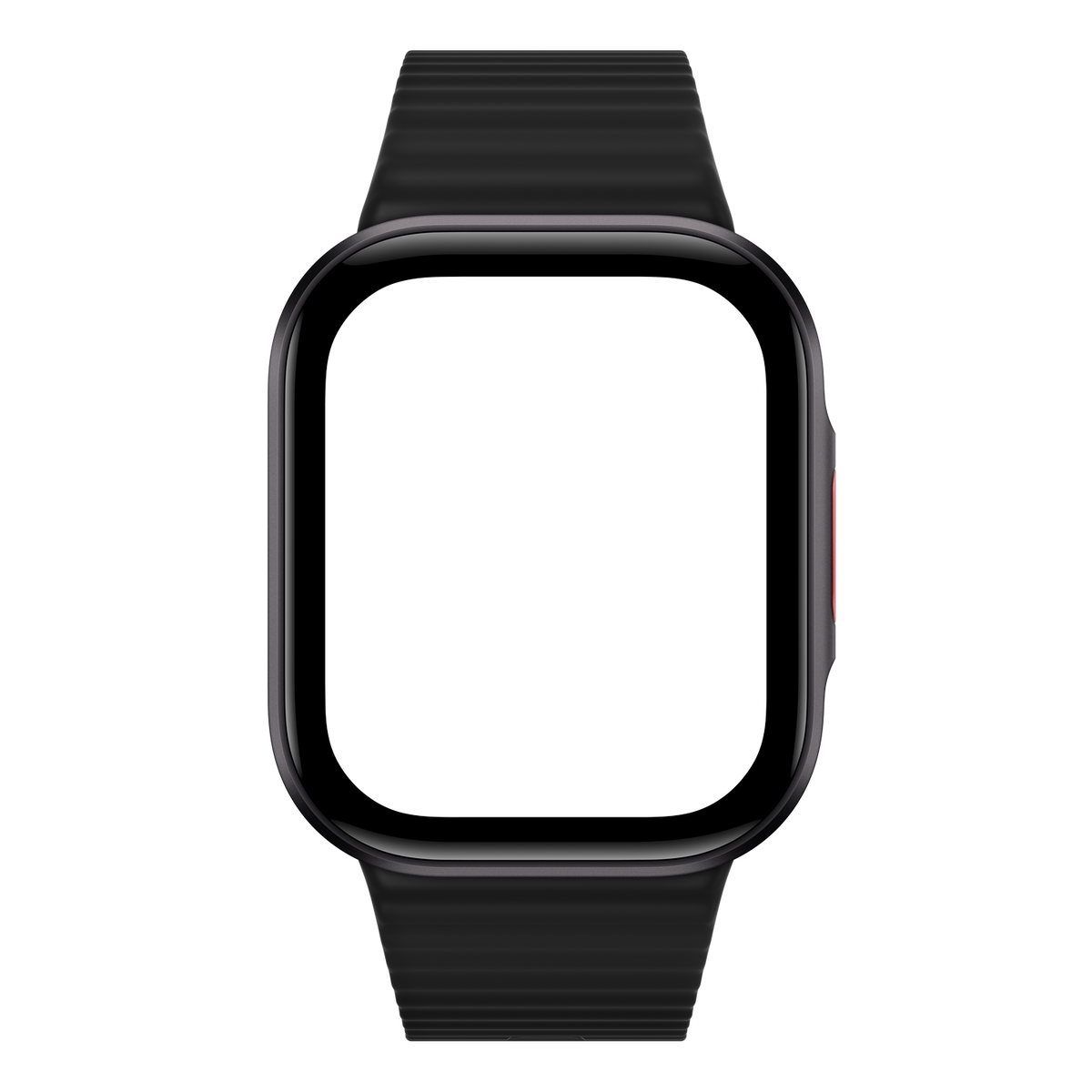 Eine schwarze Smartwatch mit quadratischem Display und schwarzem Band vor dunklem Hintergrund.