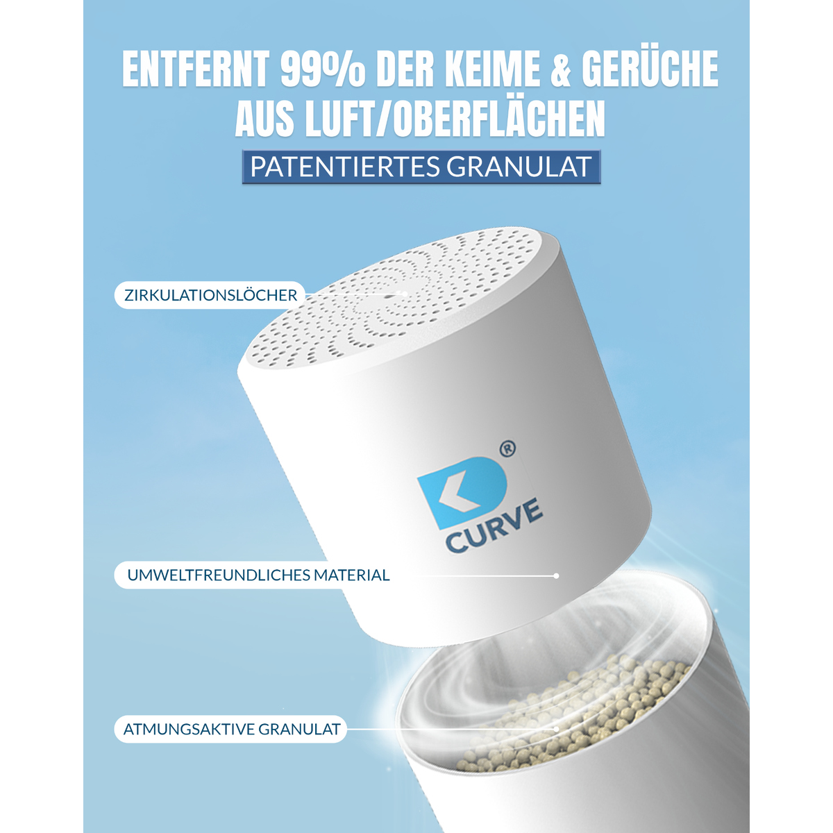 Produktwerbung für Curve-Luftreiniger mit Körnchen, Text in deutscher Sprache.