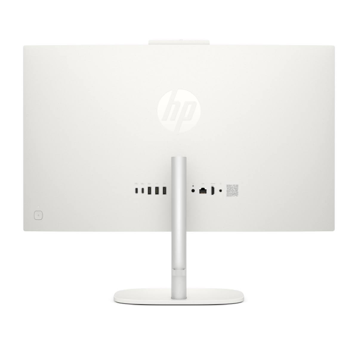 La parte trasera de un ordenador todo en uno HP blanco con soporte y puertos.