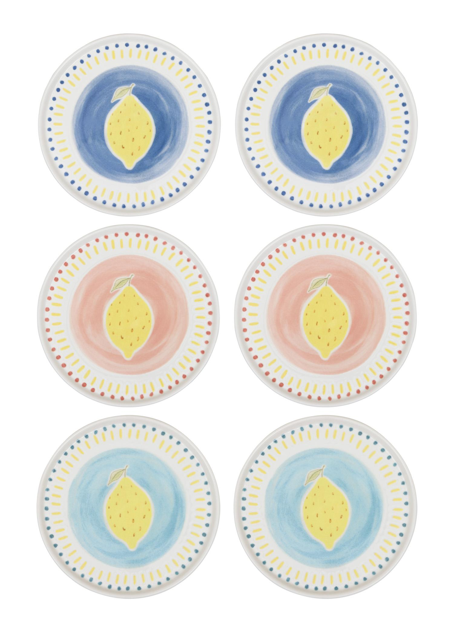 Sarı limon motifli, mavi ve pembe arka planlı, noktalı kenarlı altı seramik tabak.