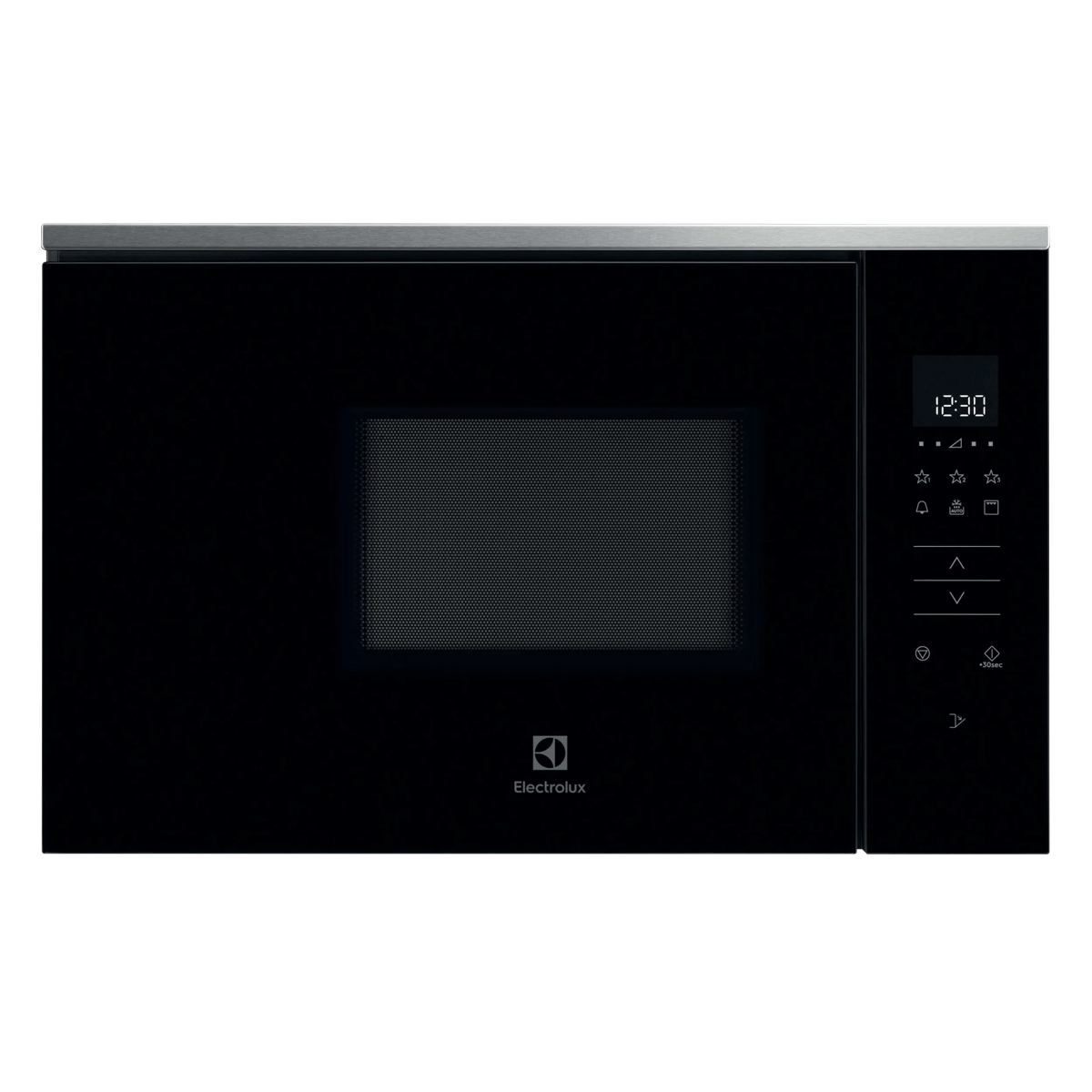 Un microondas Electrolux negro con pantalla digital, controles táctiles y borde superior plateado sobre fondo blanco.